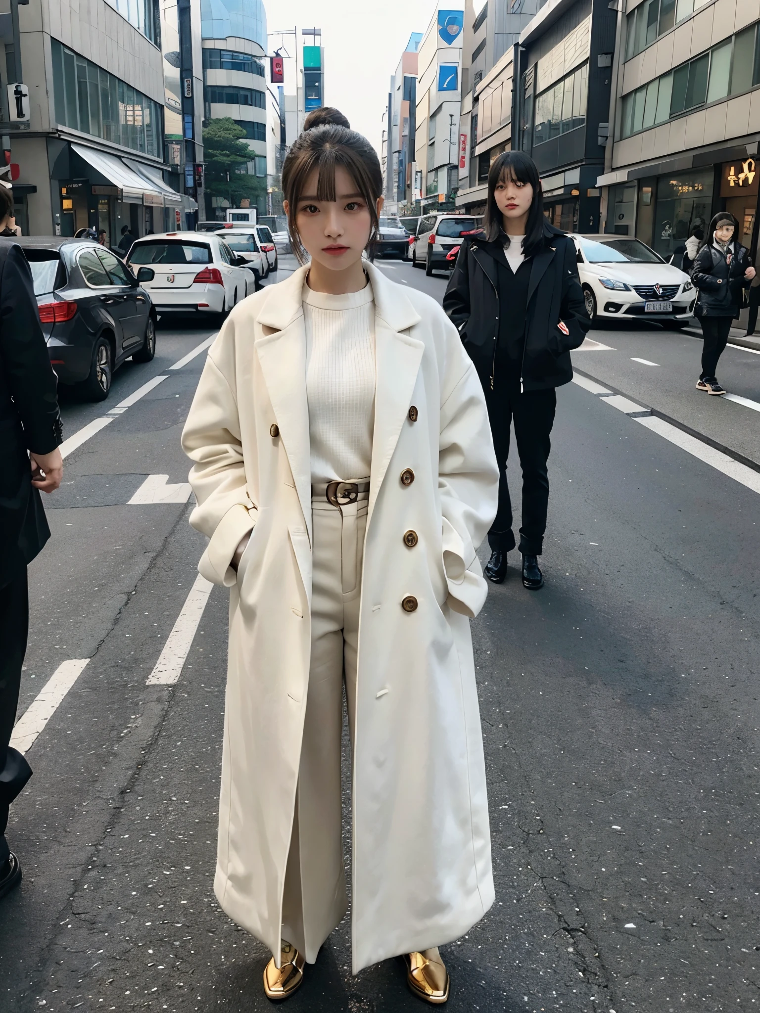 full body,// Bewitching eyes, well-balanced eyes, //street snap //wearing gucci coat and gucci shirts and pants //breast focus, ((facing viewer)), //at the street in tokyo, //japanese lady, pale skin, half updo,//droopy eyes,//gold hair, blunt bangs,//((standing)), high quality:1.3, Professional lighting:2.0 realistic:1.2, 4k resolution, detailed skin, masterpiece:1.1