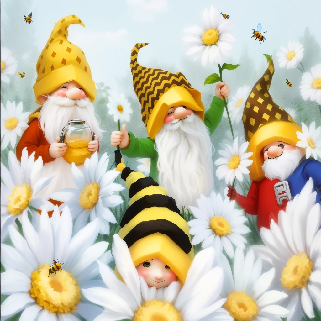 There are many gnomes standing in the flower field, whimsical art, gardening, honeybee, Traditional Arts, author：Nil Gleyen, Garden gnomes prepare for war, Astonishing, painting, by Elaine Hamilton, hapiness, by Mary Angell, art illustration, Give other gnome flasks, author：Yang Borun, Astonishing艺术, cute digital art