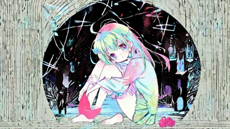 fair skin,sick,yandere,Eyeballs turn red、Pupil dilation、Glazed eyes、The eyes are dull,a girl,Sit on your knees,Blood flowed all over the place,Barefoot,pastel colors,Soft contrast