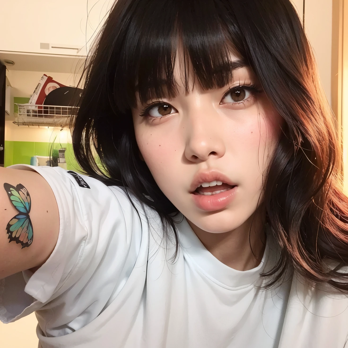 Arafed Asian woman with a tattoo on her chest, young cute wan asian face, cara ahegao, Ulzzang, 🤤 retrato da menina, Asian girl, Cara Sexy, thick lips, small lips, menina bonito-fino-cara, lips sexy, menina coreana, detailed face of a asian girl, clear lips and high quality, rosto bonito claro, Asian face