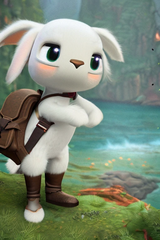 negative portrait photo, fantasy video game character concept art, A cute white fluffy rabbit,Wearing a small brown leather backpack,Looking at a map of a hike through the forest, dungeons and dragons, fantasy, river, haze, Halo, bloom, Dramatic atmosphere, 1970s dark fantasy movie, center, rule of thirds