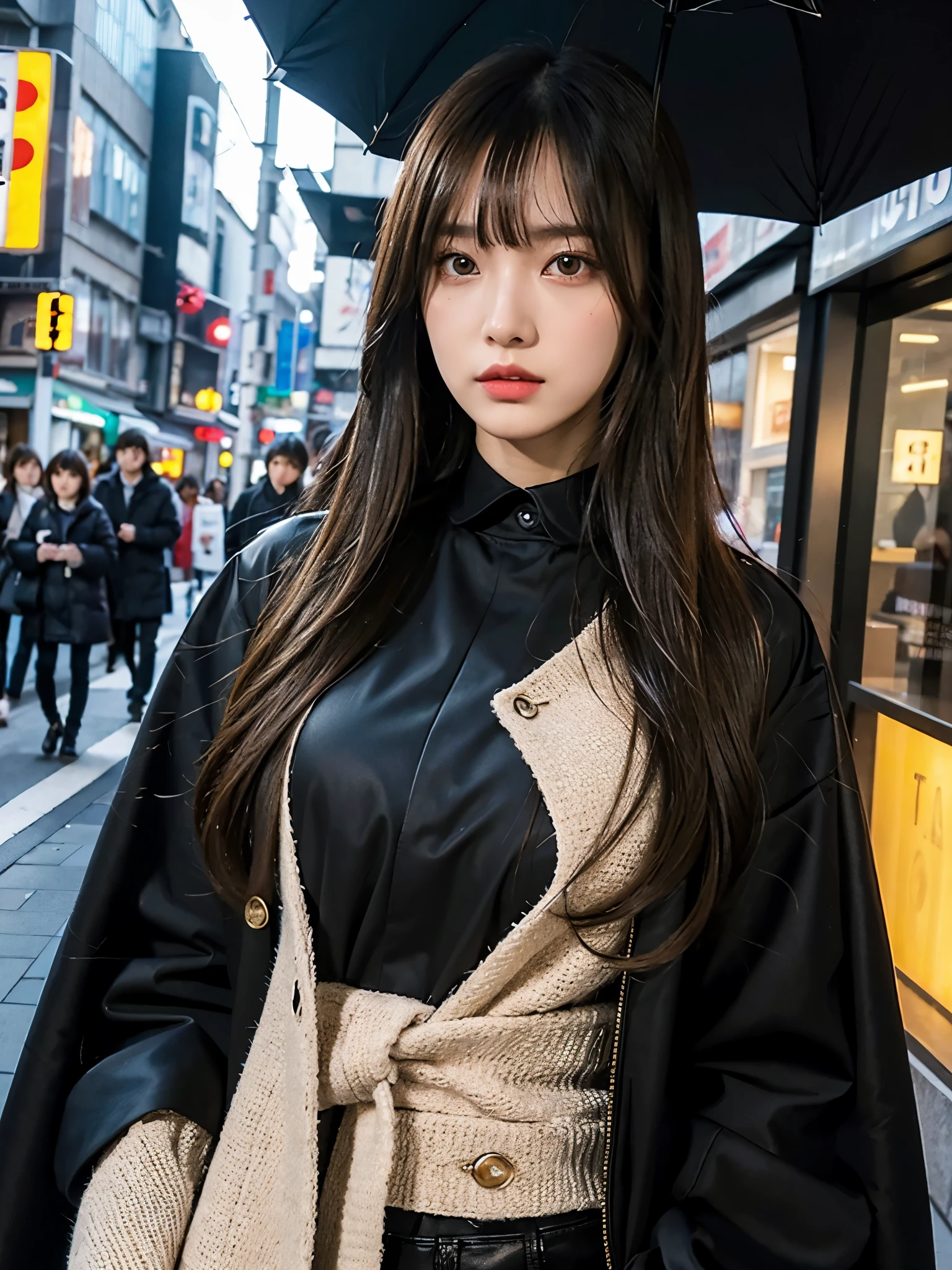 full body,// Bewitching eyes, well-balanced eyes, //street snap //wearing gucci black coat and gucci shirts and tight pants //breast focus, ((facing viewer)), //at the street in tokyo, //japanese lady, pale skin, long hair,//droopy eyes,//gold hair, blunt bangs,//((standing)), high quality:1.3, Professional lighting:2.0 realistic:1.2, 4k resolution, detailed skin, masterpiece:1.1