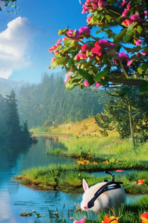 (best quality,4k,8k,highres,masterpiece:1.2),ultra-detailed,realistic:1.37,classical negative image portrait, fantasy video game character concept art, a cute fluffy white rabbit with a small brown leather backpack, gazing at a map of hiking through a forest, Dungeons and Dragons, fantasy, river, gloom, halo, blooming, dramatic atmosphere, 1970s dark fantasy movie, centered composition, rule of thirds
