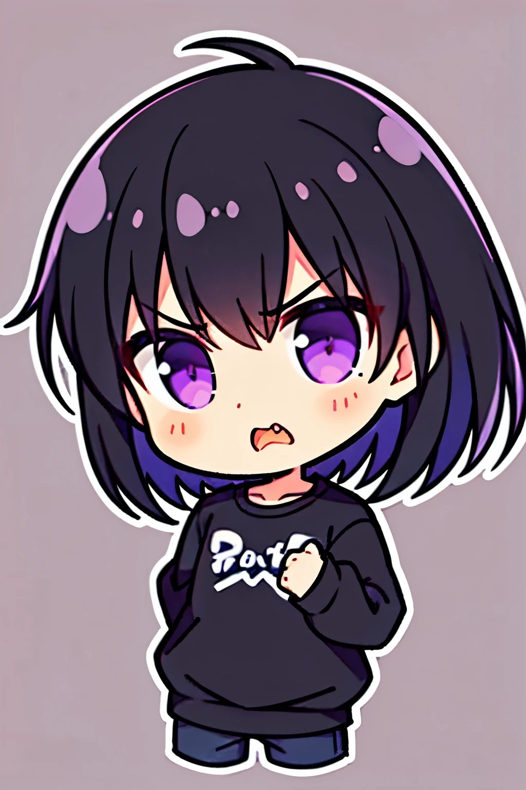 black sweatshirt ,medium hair,A with purple eyes,face angrys,solo
