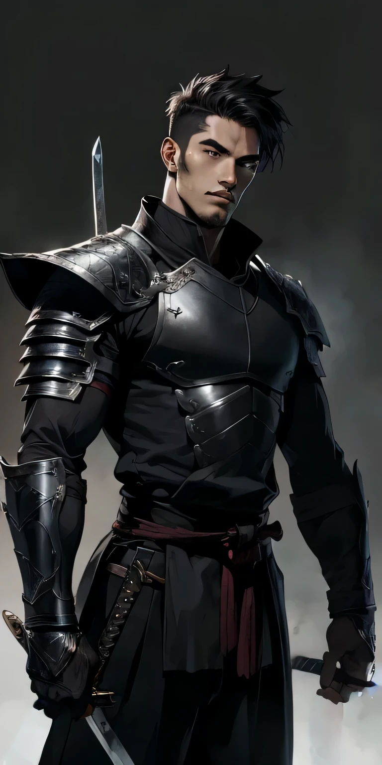 un jeune homme, guerrier, avec 2 épées, armure de cuir noir, conception de style manga.