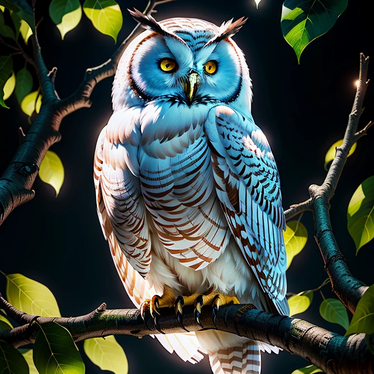 white owl on tree, night, high detail,The mystery of the atmosphere, movie lighting, Ray tracing environment, super resolution