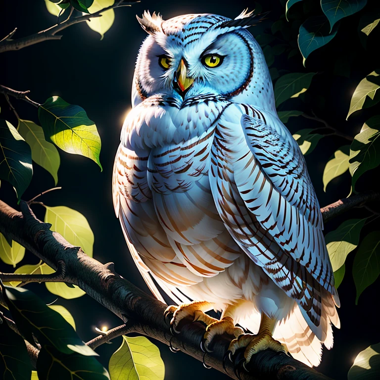 white owl on tree, night, high detail,The mystery of the atmosphere, movie lighting, Ray tracing environment, super resolution