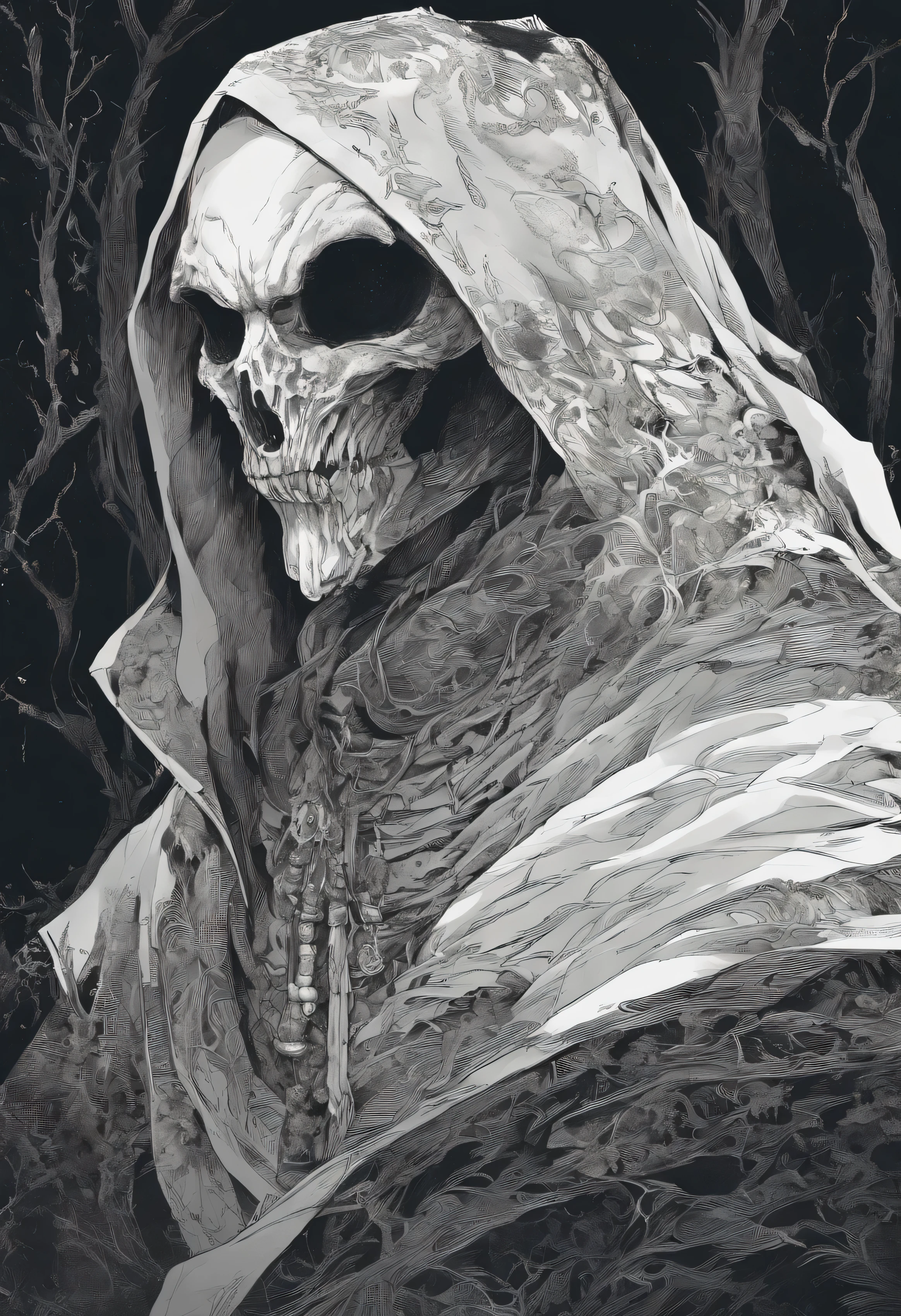 above waist, A Very Old Man, looks like a corpse, Half of his face was deformed and melted., turbid, beggar, monster, short gray hair, Pale and wrinkled skin, sparse beard, yellowish pupils,,, hunched posture, penetrating and evil look, long black cloak, torn clothes, On the back is a cloak of crow feathers, The body is closed with flaps and a hood., fog, Dark bandage, horror, fear, scary, Waiting, mysterious