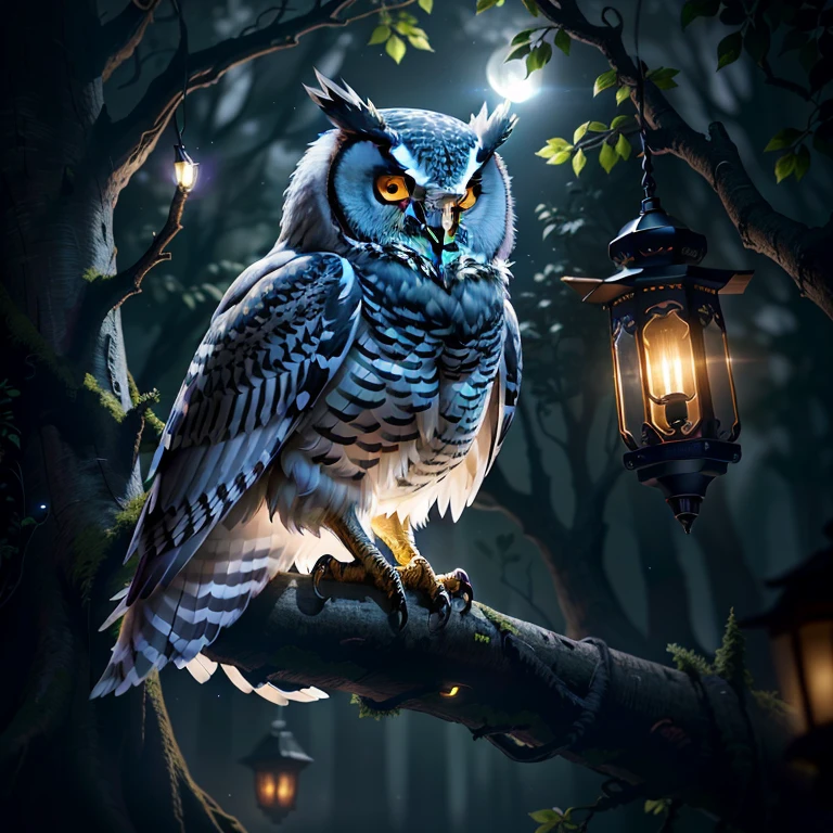 (best quality,8k),mysterious aura,(night,moonlit night),(highly detailed,ultra-detailed),(atmospheric,ethereal) owl perched on a tree,(cinematic lighting,film lighting),(ray-traced environment,light-traced surroundings),(super-resolution,upscaled).