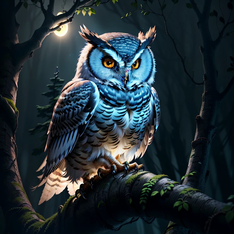 (best quality,8k),mysterious aura,(night,moonlit night),(highly detailed,ultra-detailed),(atmospheric,ethereal) owl perched on a tree,(cinematic lighting,film lighting),(ray-traced environment,light-traced surroundings),(super-resolution,upscaled).