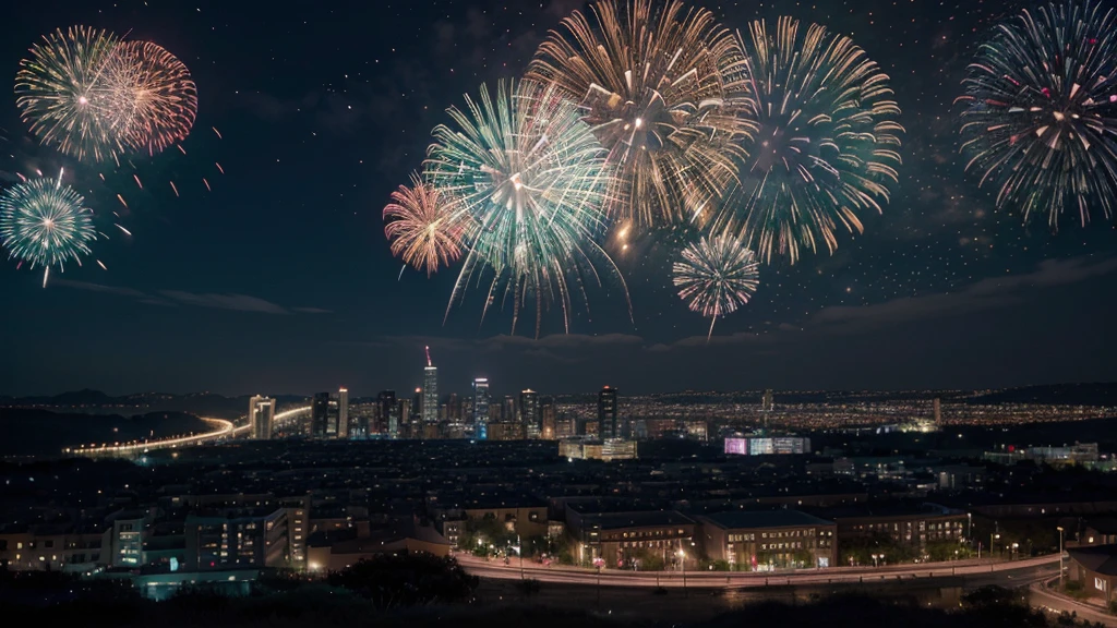(Best quality at best,4K,A high resolution),(vivid color),(actual:1.37), The 2024 New Year celebration begins. The night sky is full of twinkling stars, Radiant fireworks light up the wide world.Brilliant fireworks add bright colors to the night sky, Create a magical atmosphere. Surrounding landscape and cityscape as background, Enhance the charming atmosphere. The night sky is decorated with high-flying fireworks in various shapes and patterns.
