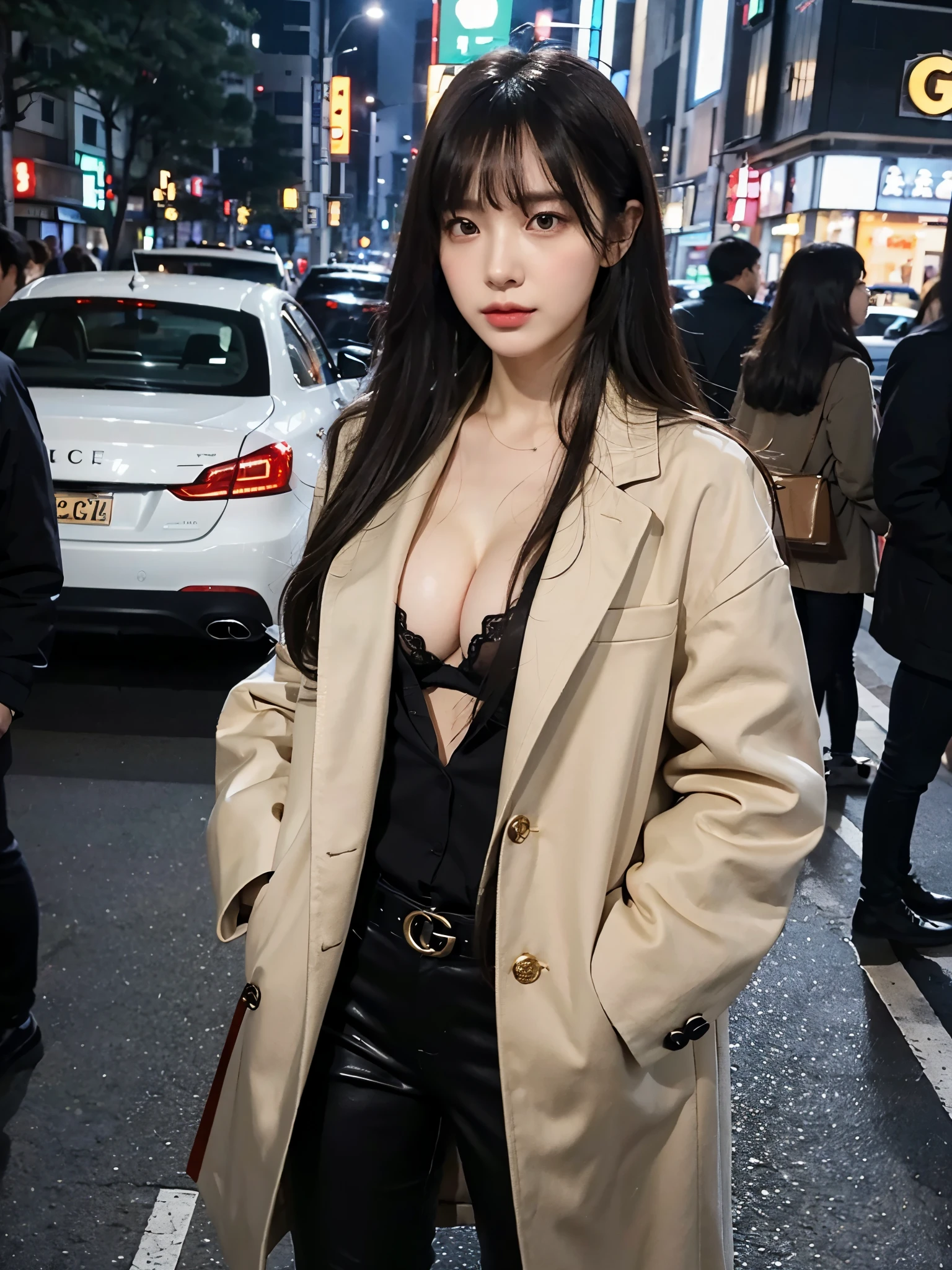 full body,// Bewitching eyes, well-balanced eyes, //street snap //((cleavage)),//wearing gucci black coat and gucci shirts and tight pants //breast focus, ((facing viewer)), //at the street in tokyo, //japanese lady, pale skin, long hair,//droopy eyes,//gold hair, blunt bangs,//((standing)), high quality:1.3, Professional lighting:2.0 realistic:1.2, 4k resolution, detailed skin, masterpiece:1.1