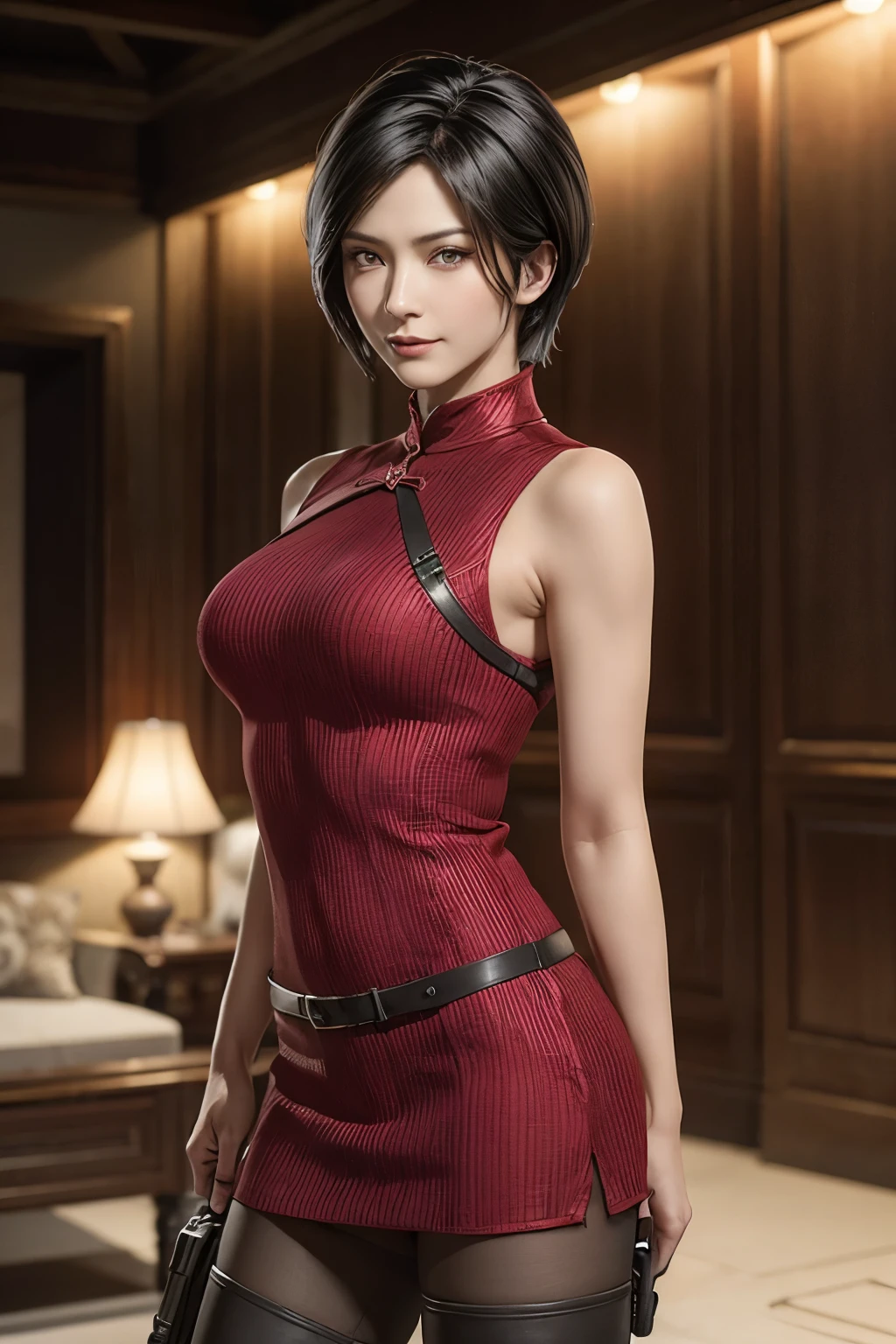 1 rapariga， 独奏， Ada Wong in Resident Evil 4 Remake， short detailed hair， brunette color hair， Red cheongsam， Short-sleeved shirt， Nero， nedium breasts， upper limbs， hindquarters， Black heels， Adriana's face， Find your audience， sly smile， A pistol was hung on her waist， best qualtiy， hight resolution：1.2， 18th century village in the background， Shadowing， Nightmare， rays of moonlight， Upper body photography， Low camera angle、depth of fields、center focused