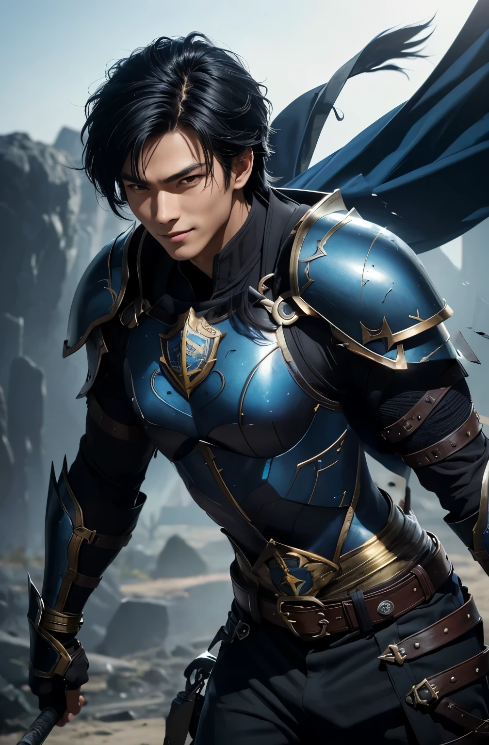8K,black wolf hair boy,Japanese super handsome(like the real thing),wild boy,black and blue armor(Precise workmanship of the hero&#39;s emblem),luxury black and blue pants,blue and black shoulder armor,blue and black waist armor,blue and black leg armor,muscular slender body,ultra high resolution,super realistic skin,Handsome boy,18 year old boy,Big eyes,A boy who looks good with a smile,Magical power overflowing from the body,Luxury belts(Delicate workmanship),tanned skin,shout,battle scene,action scene,action pose,roar,Holds the long and large holy sword Excalibur.,The background is in front of the large castle gate.,
