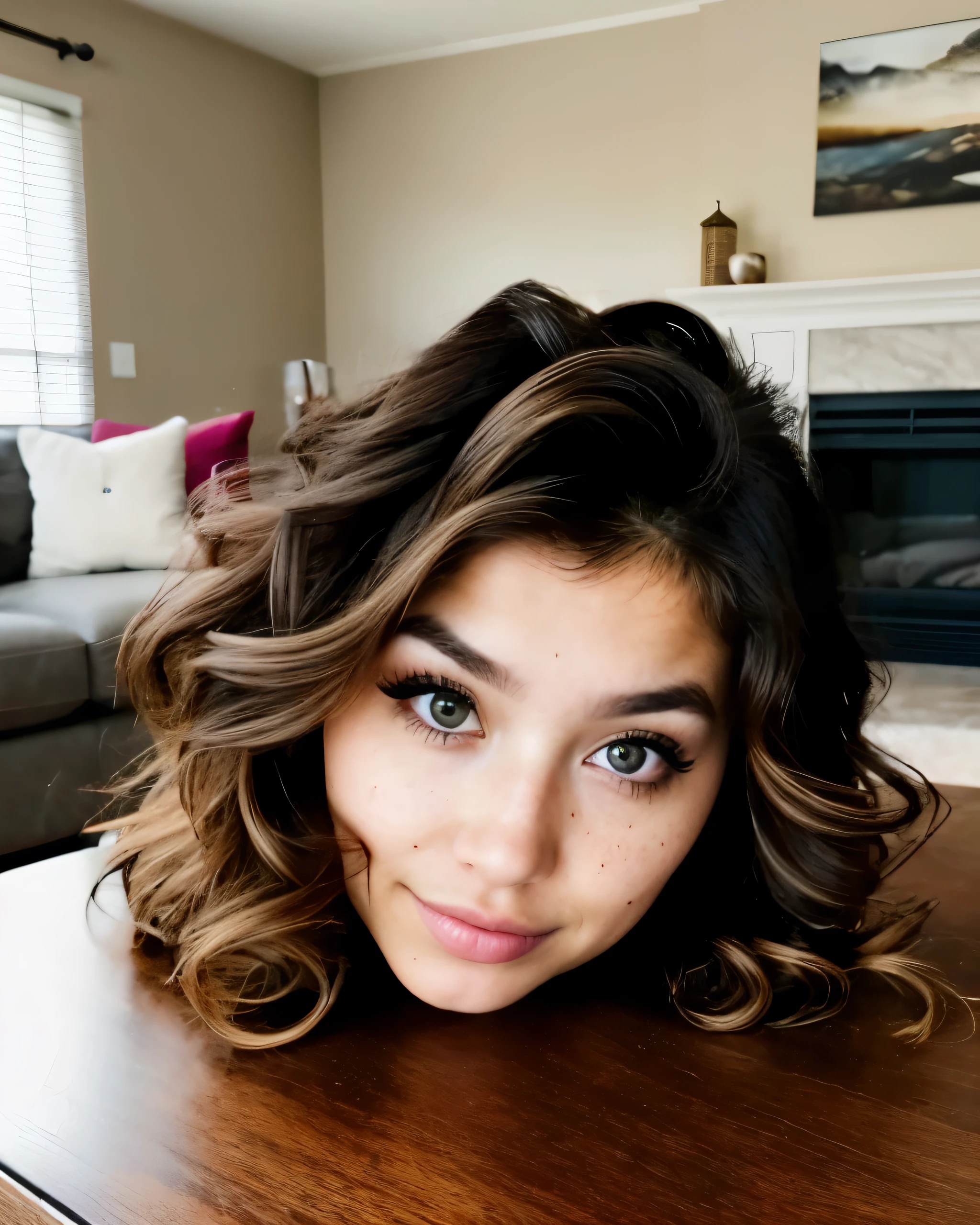 ((disembodied head on coffee table)), Hailey Lujan, dark freckles, wearing makeup, (realistic detailed skin), beautiful curled hair, (realistic), realistic soft lighting, (best image, best quality)