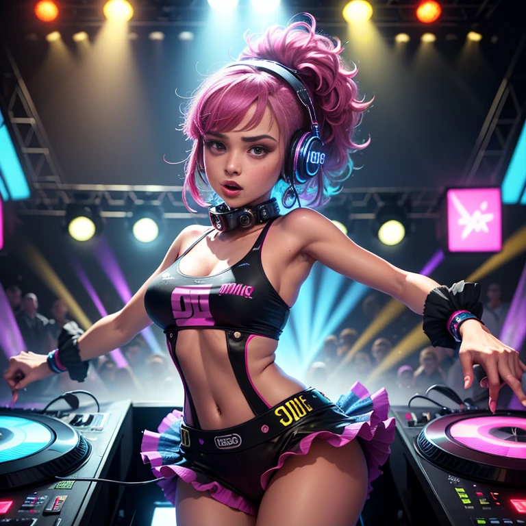 (best quality,4k,8k,highres,masterpiece:1.2),ultra-detailed,realistic:1.37,a girl calling a DJ, vibrant colors, dynamic lighting, crowded club,pulsating music,bass-thumping dance floor,energetic crowd, neon lights,dancing figures, disco balls, DJ booth, DJ equipment, turntable, mixer, headphones, microphones, powerful speakers, smoke machine, ecstatic expressions, hands in the air, rhythmic movements, fashion forward outfits, lively atmosphere, electrifying vibes, atmosphere, glowing atmosphere, immersive experience, lively dance music