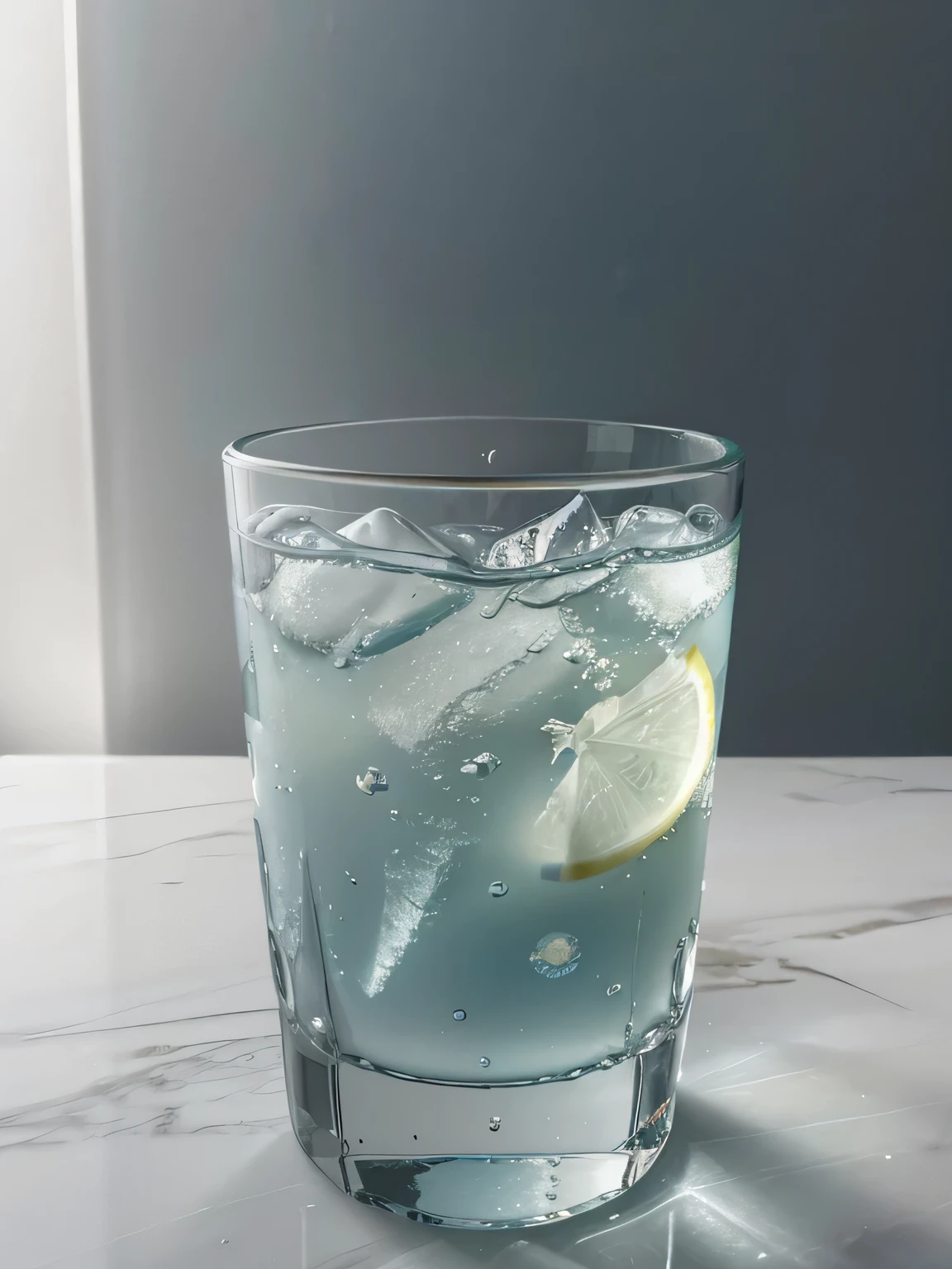 (best quality,highres,ultra-detailed:1.2), HDR, vivid colors, small glass of water, crystal clear water, beautiful ice cold glass of water, ice cubes floating, frosty glass, white marble wall, white marble table, slice of fresh lemon in the water, blurred background, sun rays reflecting off glass.