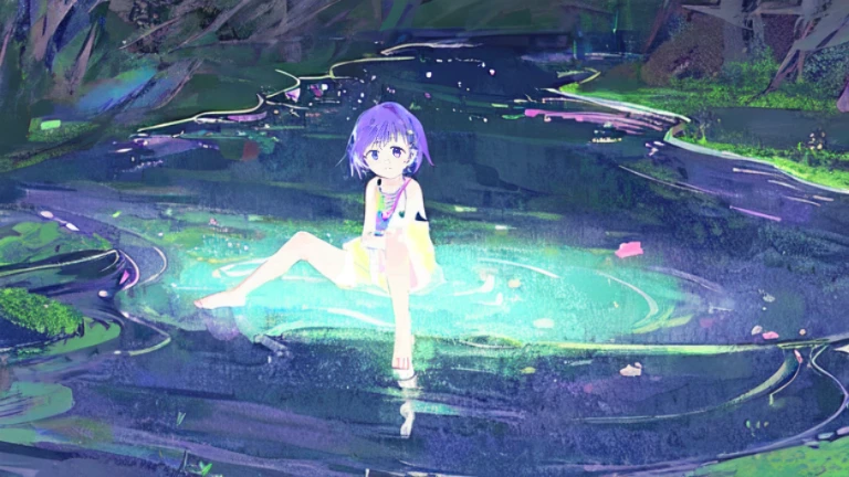 fair skin,sick,yandere,Eyeballs turn red、Pupil dilation、Glazed eyes、The eyes are dull,a girl,Sit on your knees,Blood flowed all over the place,Background next to clear river water,Barefoot,pastel colors,Soft contrast