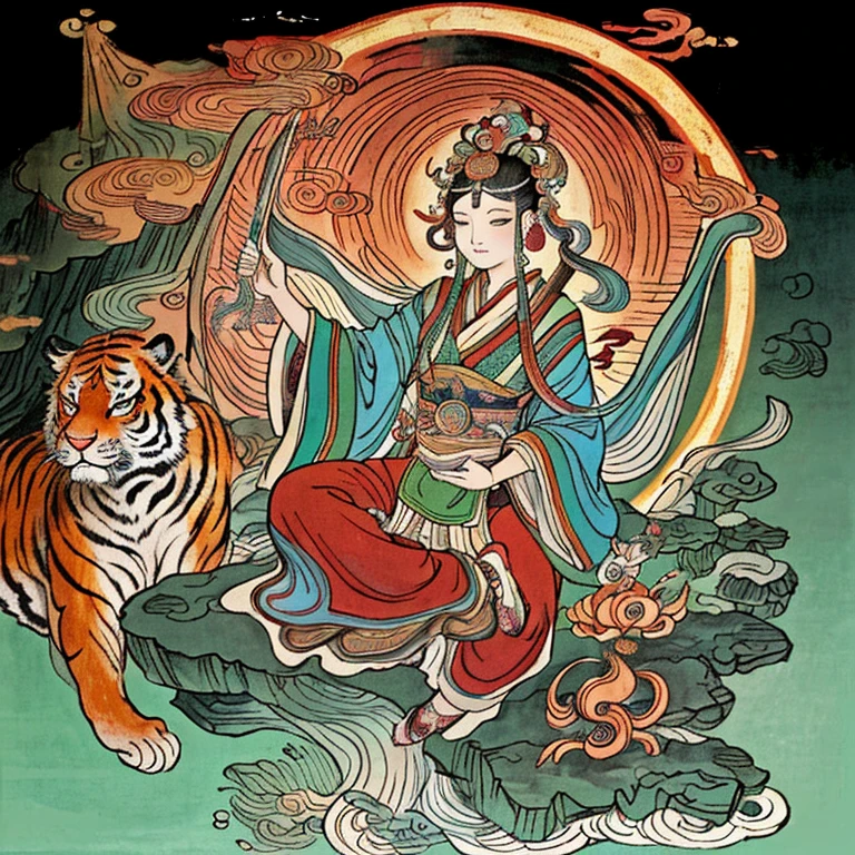 Goddess of China, 南海Avalokitesvara, Avalokitesvara, Inspired by India, Avalokiteshvara rides a tiger，,calm expression,shui mo hua,Buddha,Buddha教徒,lotus,Chinese painting style,Thangka style