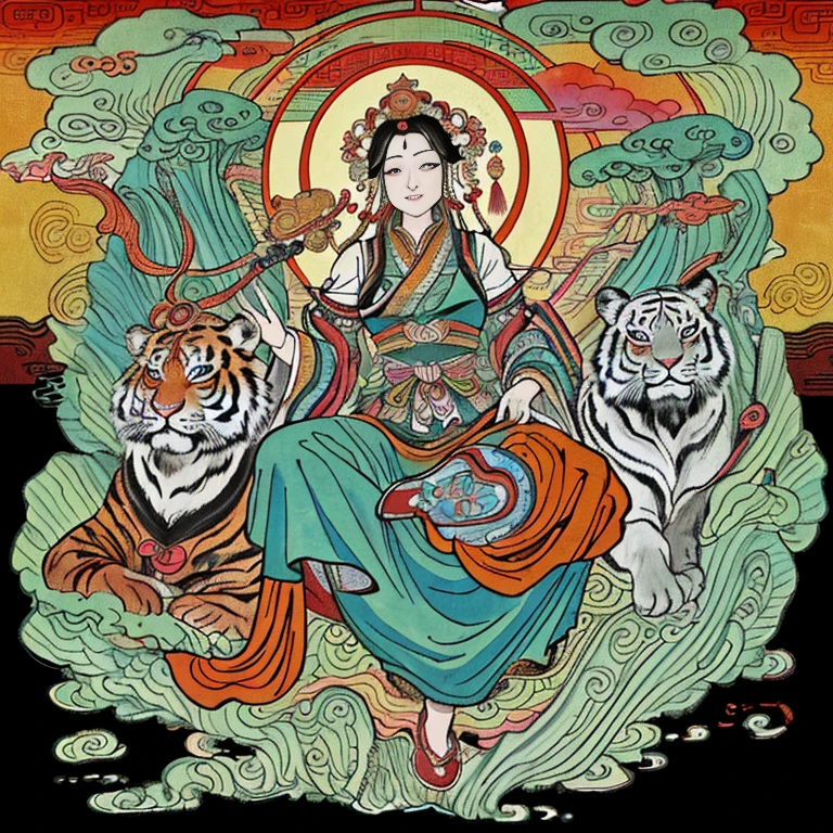 Goddess of China, 南海Avalokitesvara, Avalokitesvara, Inspired by India, Avalokiteshvara rides a tiger,,calm expression,shui mo hua,Buddha,Buddha教徒,lotus,Chinese painting style,Thangka style