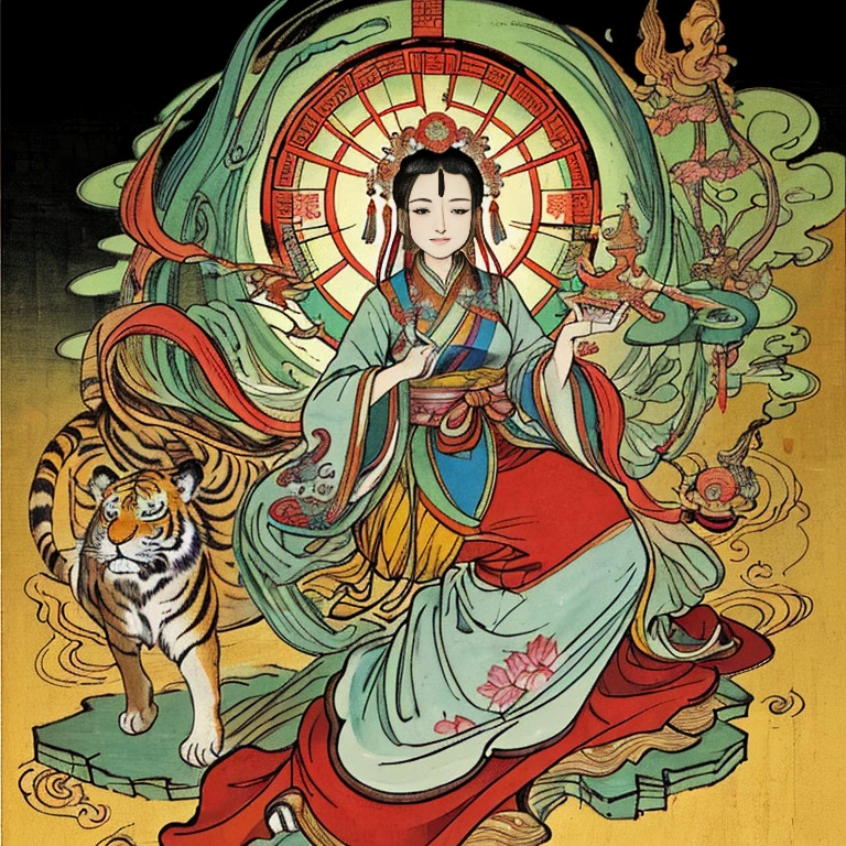 A serene Chinese goddess, Guanyin, seated on a tiger. Her face reflects a peaceful expression and she exudes an air of tranquility. The artwork is inspired by Indian aesthetics and consists of a traditional Chinese painting style known as shui mo hua. Guanyin, also known as the Goddess of Mercy, is an important figure in Buddhism, and the artwork portrays her in a calm and compassionate manner. She is depicted in a Tangka style, with intricate details and vibrant colors. The lotus flower, a symbol of purity and enlightenment, is depicted in the background, adding to the overall ethereal atmosphere. The lighting in the scene is soft, illuminating Guanyin and the tiger, creating a sense of divine presence. The artwork emphasizes the beauty and grace of Guanyin, capturing her divine essence and spiritual significance. The image is of the highest quality, with ultra-detailed features and photorealistic rendering, ensuring a masterpiece that showcases the rich cultural heritage and spiritual beliefs of ancient China.