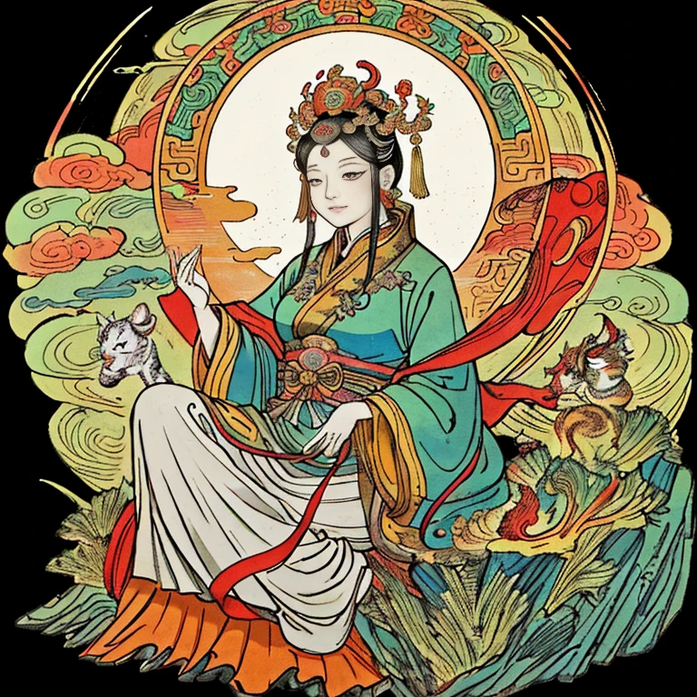 A serene Chinese goddess, Guanyin, seated on a tiger. Her face reflects a peaceful expression and she exudes an air of tranquility. The artwork is inspired by Indian aesthetics and consists of a traditional Chinese painting style known as shui mo hua. Guanyin, also known as the Goddess of Mercy, is an important figure in Buddhism, and the artwork portrays her in a calm and compassionate manner. She is depicted in a Tangka style, with intricate details and vibrant colors. The lotus flower, a symbol of purity and enlightenment, is depicted in the background, adding to the overall ethereal atmosphere. The lighting in the scene is soft, illuminating Guanyin and the tiger, creating a sense of divine presence. The artwork emphasizes the beauty and grace of Guanyin, capturing her divine essence and spiritual significance. The image is of the highest quality, with ultra-detailed features and photorealistic rendering, ensuring a masterpiece that showcases the rich cultural heritage and spiritual beliefs of ancient China.