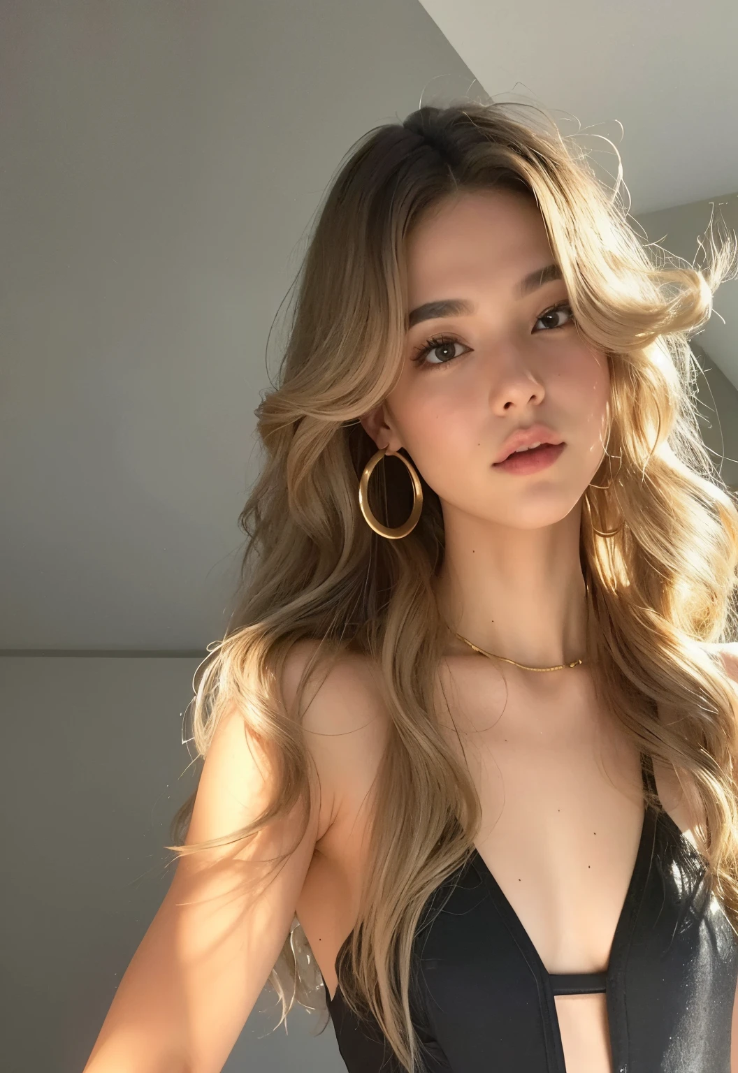stunning woman in black bra and gold hoop earrings, nodded, estilo de julia razumova, Kailee Mandel, Sydney Sweeney, dasha taran, Anastasia Ovchinnikova, beleza de cair o queixo, beleza de cair o queixo, Sydney Hanson, uma garota com cabelo loiro, com longos cabelos loiros, cabelo loiro longo e ondulado