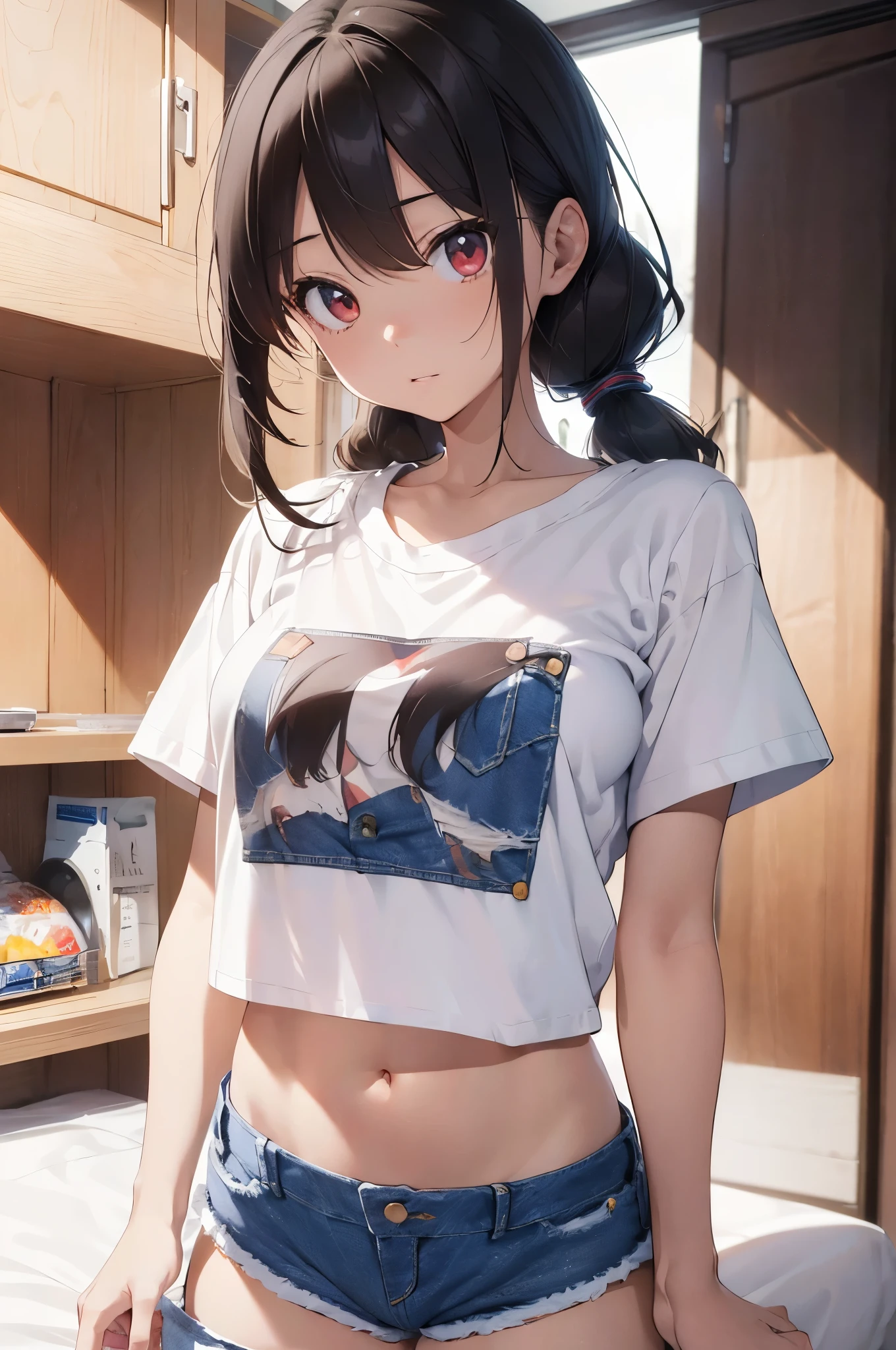 (masterpiece Best Quality, absurderes, Perfect Anatomy, Unity 8k Wallpapers,best anime), Detailed beautiful face and eyes,(1woman,solo),16 year old beautiful girl、Japanese、(black hair,low twintails:1.3),red eyes,shy look,(((white cropped t-shirt:1.5、denim shorts:1.5)))、((smaller head:1.5,skinny,slender body:1.2,medium breasts))、Bedroom、
