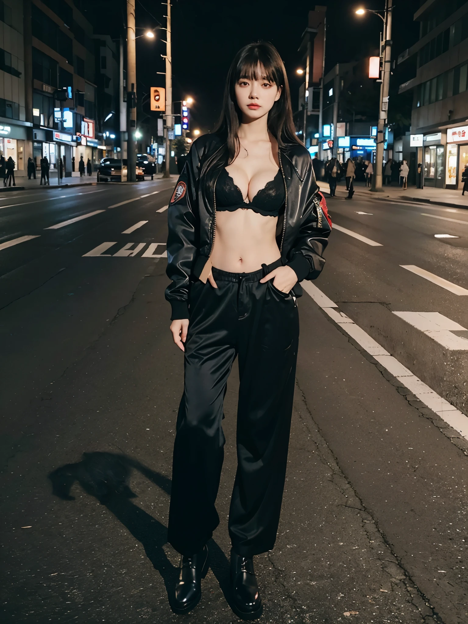 full body,// Bewitching eyes, well-balanced eyes, //street snap //((cleavage)),//wearing black bomber jacket and cat suit //breast focus, ((facing viewer)), //at the street in tokyo, //japanese lady, pale skin, long hair,//droopy eyes,//gold hair, blunt bangs,//((standing)), high quality:1.3, Professional lighting:2.0 realistic:1.2, 4k resolution, detailed skin, masterpiece:1.1