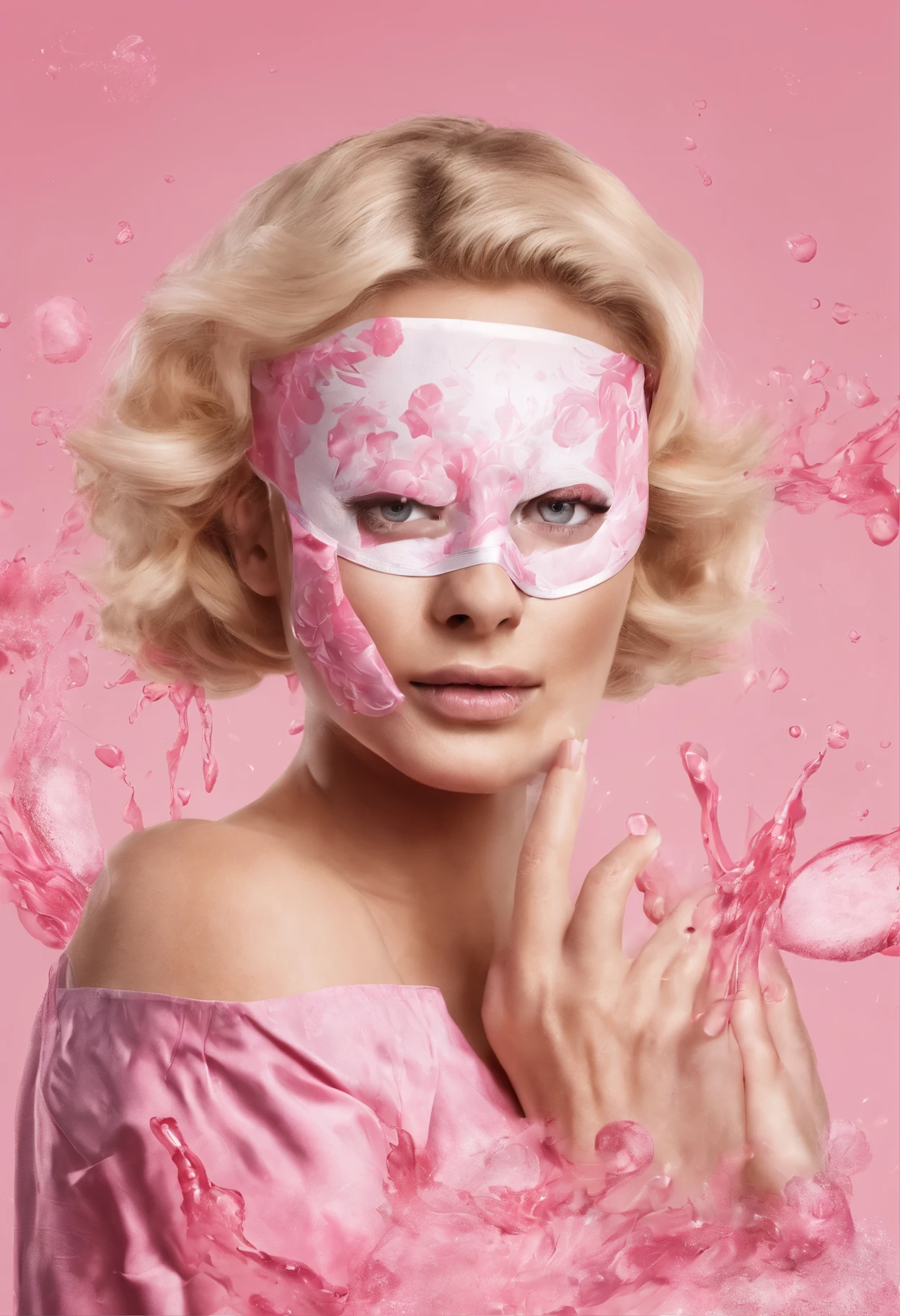 A scene of a blonde woman applying a face mask is shown,The female stands aside,Hold the mask with both hands,The background is a pink splash。