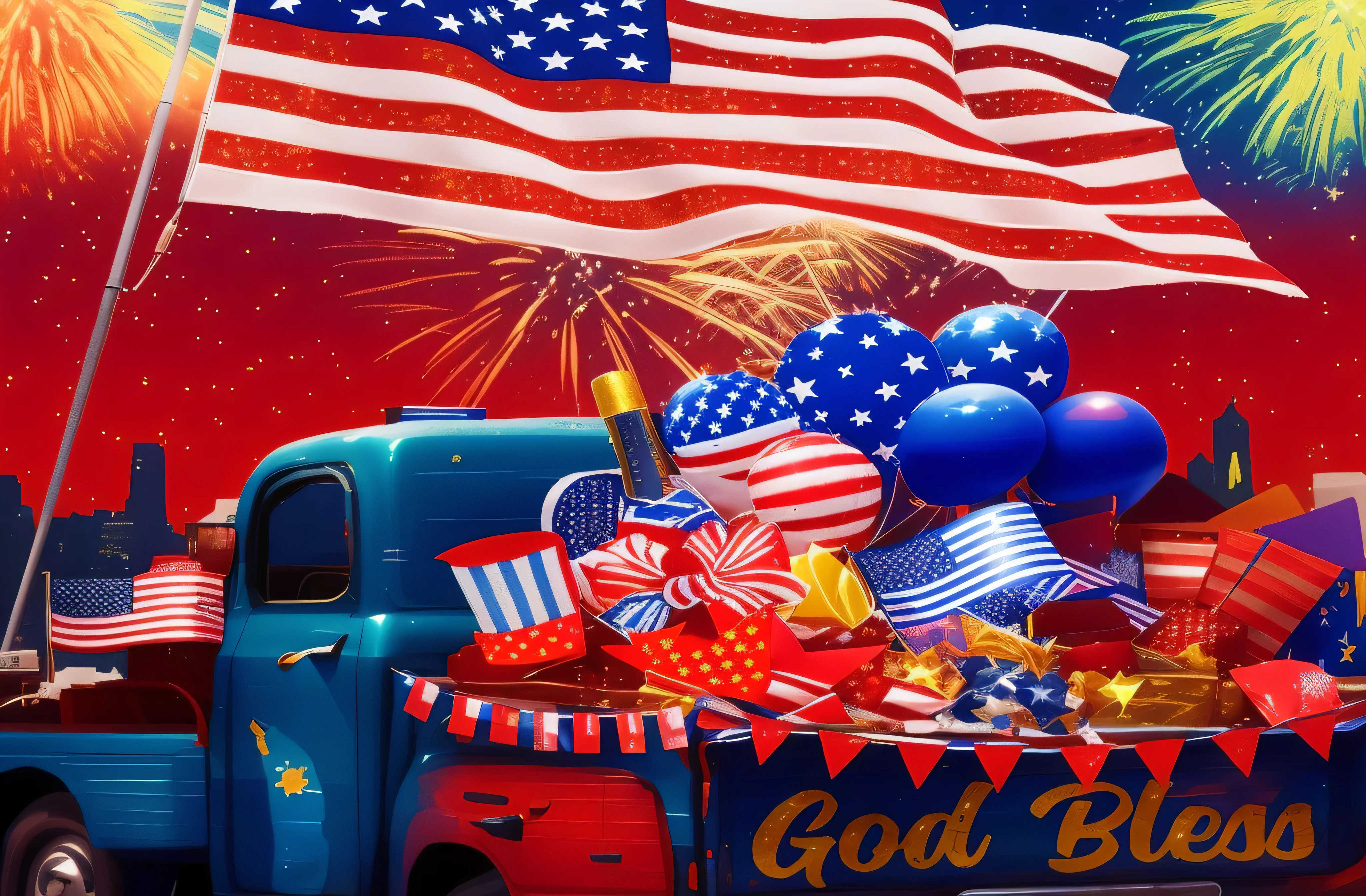 Fireworks and balloons are set off from the back of a truck with a flag, God bless USA, USA日, fourth of july, Vibrant USAn Colors, patriotic!, float, patriotic, USA'Bright colors, army)stars and armbands, amazing, USAn landscape painting, USAn postcard art style, by Melissa Benson, Add details, 2019, 2 0 1 9, figurative