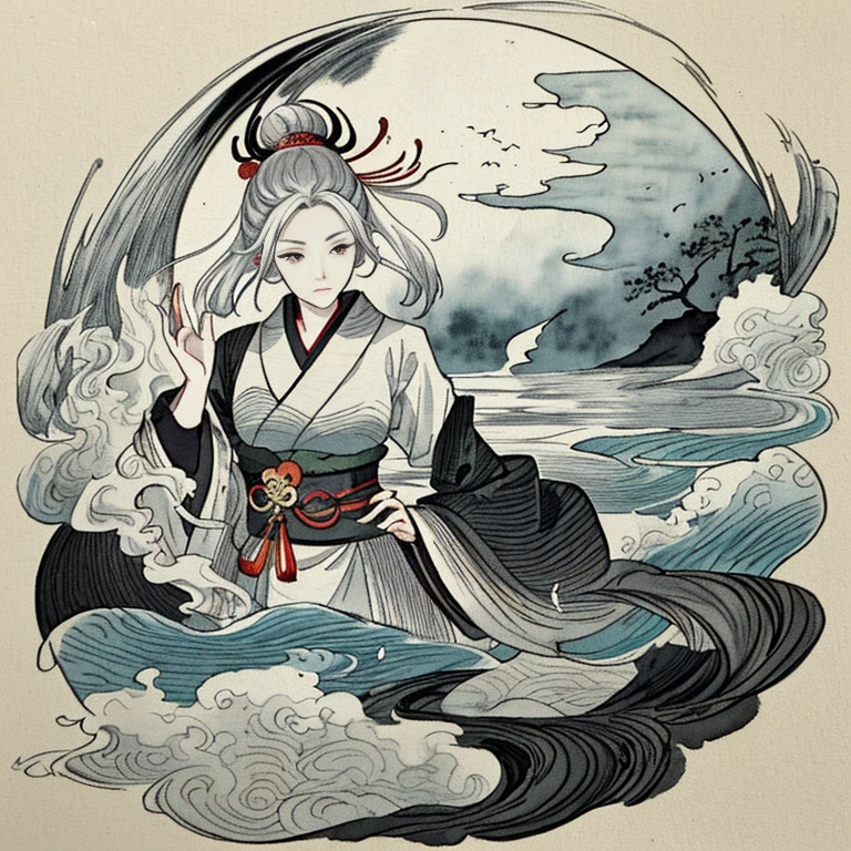 Ukiyo-e、Ink painting and watercolor、exercise、black and white、flowing water、Clouds、a moon、kabuki、beautiful woman