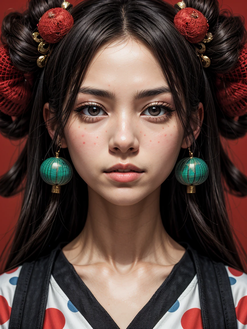 an abstract portrait of a japanese girl centered around large polka dot theme