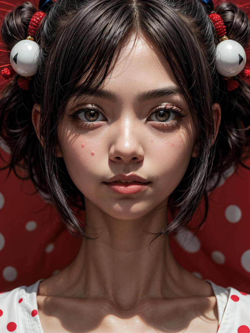 an abstract portrait of a japanese girl centered around large polka dot theme
