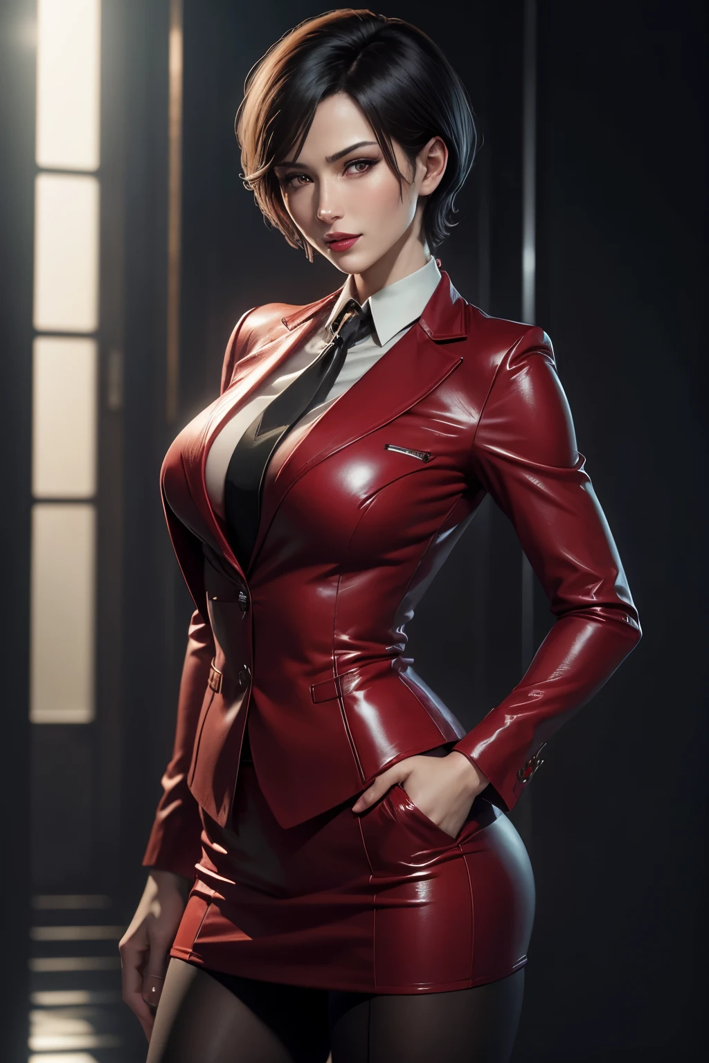 (absurdres, highres, ultra detailed), masterpiece, ada wong (resident evil), ((solo)), short hair, 1girl, skirt suit, business suit, three-piece suit, black pinstripe suit, waistcoat, red shirt, red necktie, bodycon skirt, miniskirt, closed mouth, standing, (((detailed lips))), ((realistic skin)), glowing skin, ((glossy red lips)), portrait, beautiful, smile, normal skin