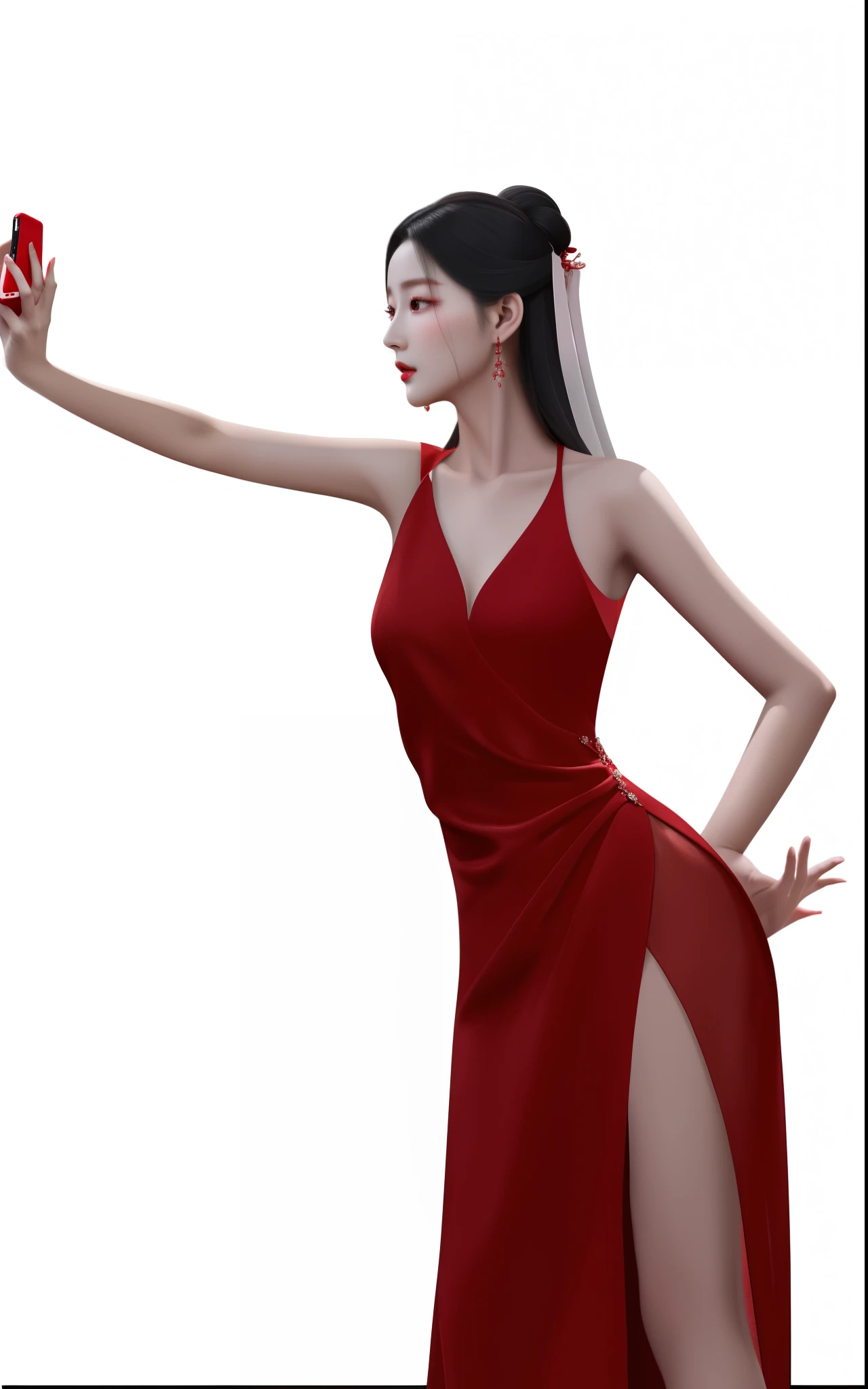 Woman in red dress holds a mobile phone, Digital art of elegance, Whole Xianxia, Phtoto Gray with Red Dress, elegant movie poses, Stand in elegant poses, Stunning graceful gesture, inspired by Ai Xuan, Inspired by Sim Sa Jung, By Yang J, Inspired by Tang Yifen, Elegant seductive gestures