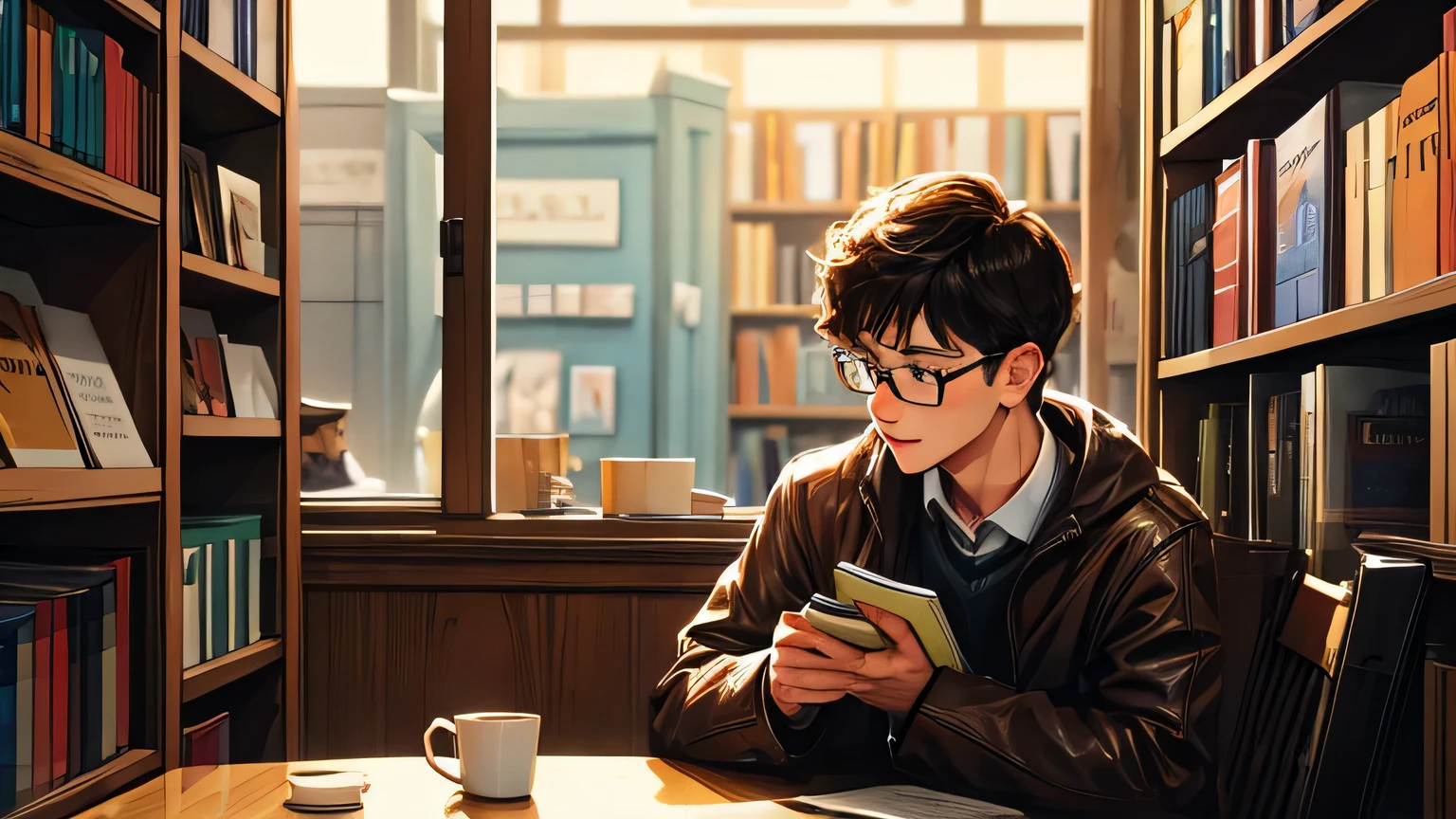 garoto nerd lendo um livro bebendo chocolate quente em uma livraria em uma tarde chuvosa com um cachorrinho fofo ao seu lado