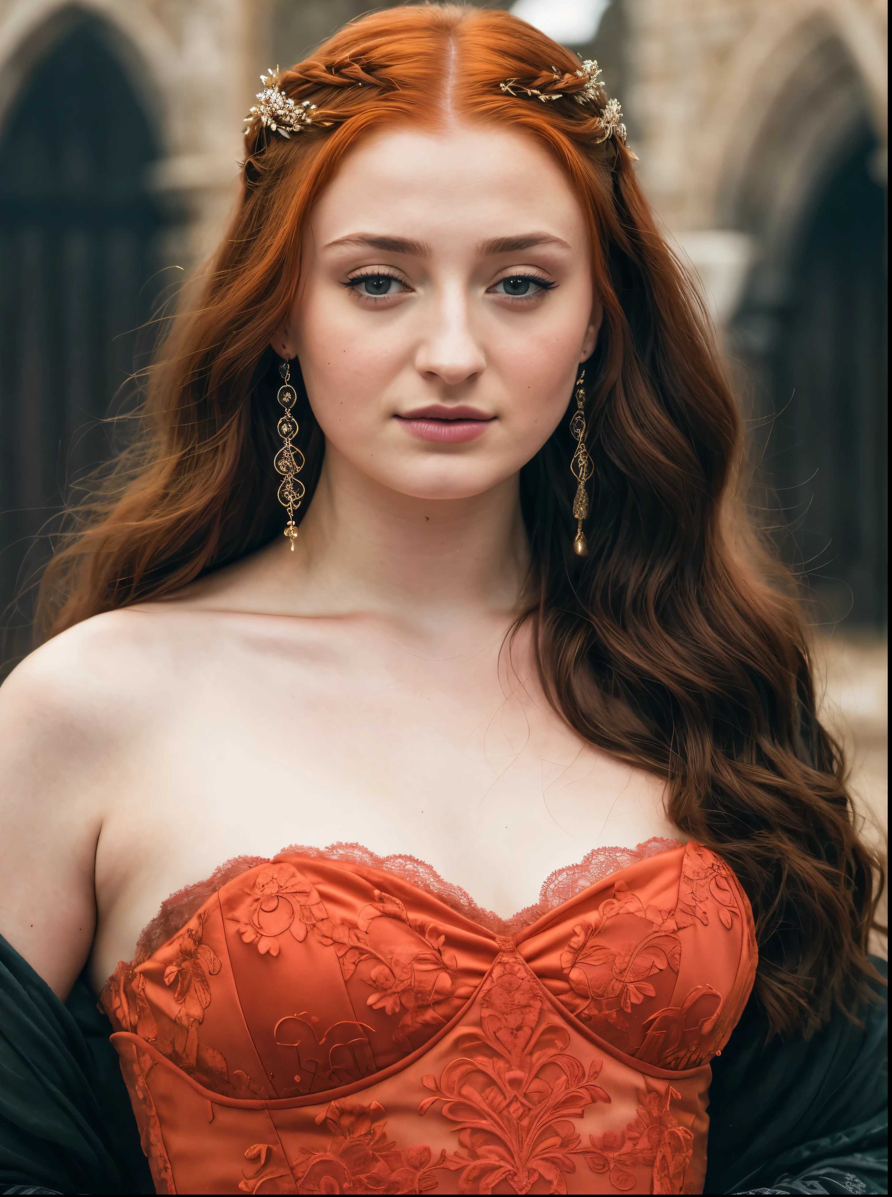 Foto RAW, Sansa Stark PLAYED BY SOPHIE TURNER Ned and Cat's oldest daughter. Demure and ladylike, her dream to marry Prince Joffrey. Her direwolf named Lady , Game of Thrones Series, (pele altamente detalhada: 1.2), 8k UHD, DSLR, soft-lighting, alta qualidade, grain of film, Fujifilm XT3