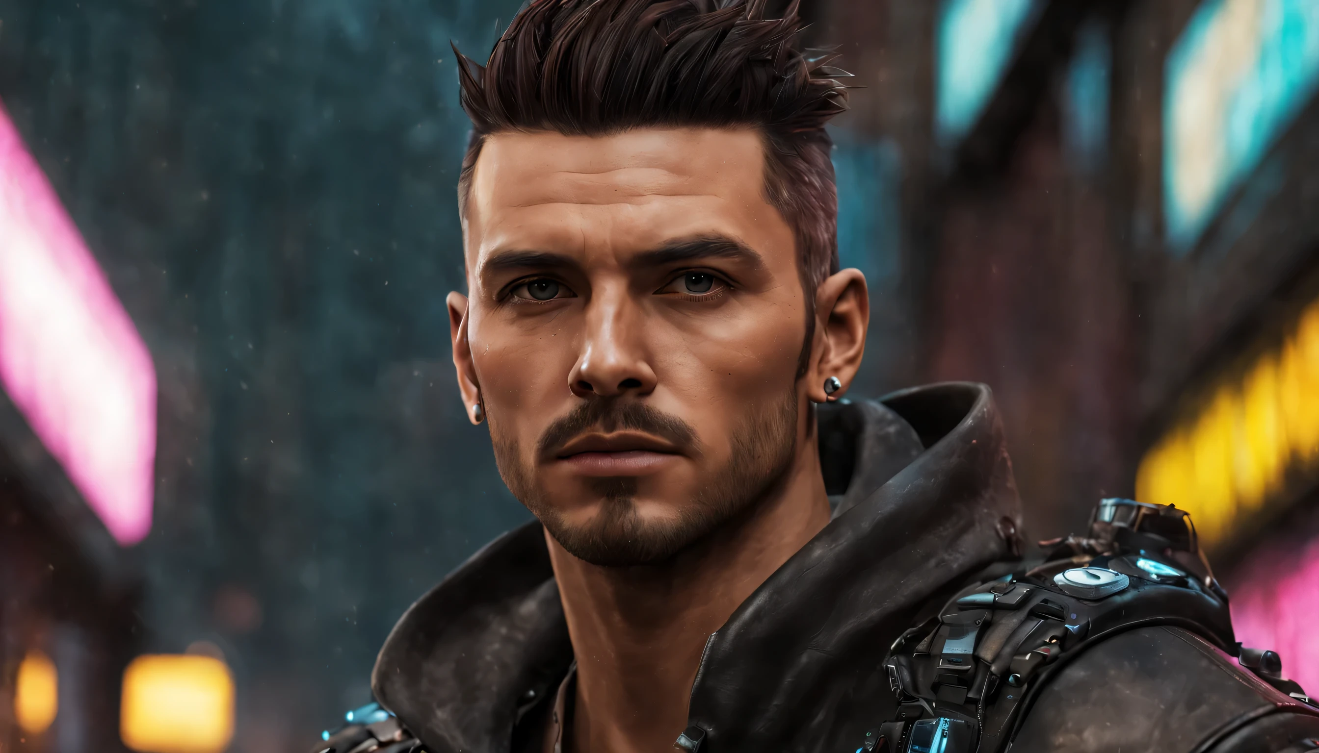 close-up portrait of a Backstreet Boys lookalike, arte conceitual detalhada do personagem, Inspirado por, realista, personagem de fantasia, motor irreal 5, estilo RPG, trends on artstation, Qualidade da CGSociedade, Fundo Bokeh, foco suave, lente 35mm, textura de couro complexa, roupa ciberpunk, olhar confiante, Estilo de arte, ((roupas magistralmente elaboradas, olhos expressivos, postura forte), fotografia profissional, Dynamic Posture, Texturas de alta fidelidade ), cores atraentes, volumetric neon lightning, vivid neon lights, cores vivas, fechar foto na altura dos olhos, High definition, efeitos de alta fidelidade, Octane rendering, arte nintendo, Captura de tela inspirada em Infamous First Light e Cyberpunk 2077, boca fechada, cinematic lighting, Photo at eye level, canon, Sony FE, Fujifilm, Nikon, Sony FE GM, profundidade de campo, cinematic lighting, reflection light, rastreamento de raio, moderno, Futurismo, super detalhe, detalhes altos, alta qualidade, premiado, melhor qualidade, high resolution, 1080P, High definition, 4k, 8k, 16k, Pele texturizada, anatomicamente correto, preciso, UHigh definition