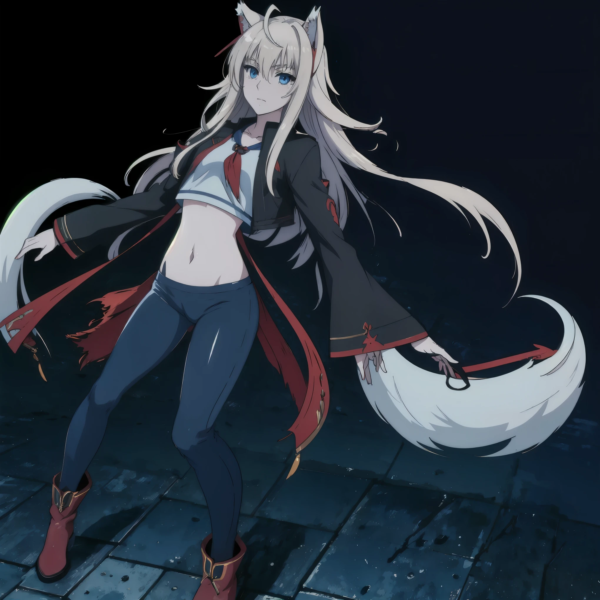 8k, resolution, high quality, high resolution, best quality, extremally detailed, best resolution, absurd resolution, ray tracing, high detailed, masterpiece, extremely detailed,shoulder length white hair, female,2 white wolf ears, teenage girl, slim body, white scale dragon tail,black boots,black leggings, navel blue school skirt, sailor shirt, white jacket, medium size chest, detailed blue eyes, detailed beautiful face,solo female,1 dragon tail, detailed eyes, tomboyish