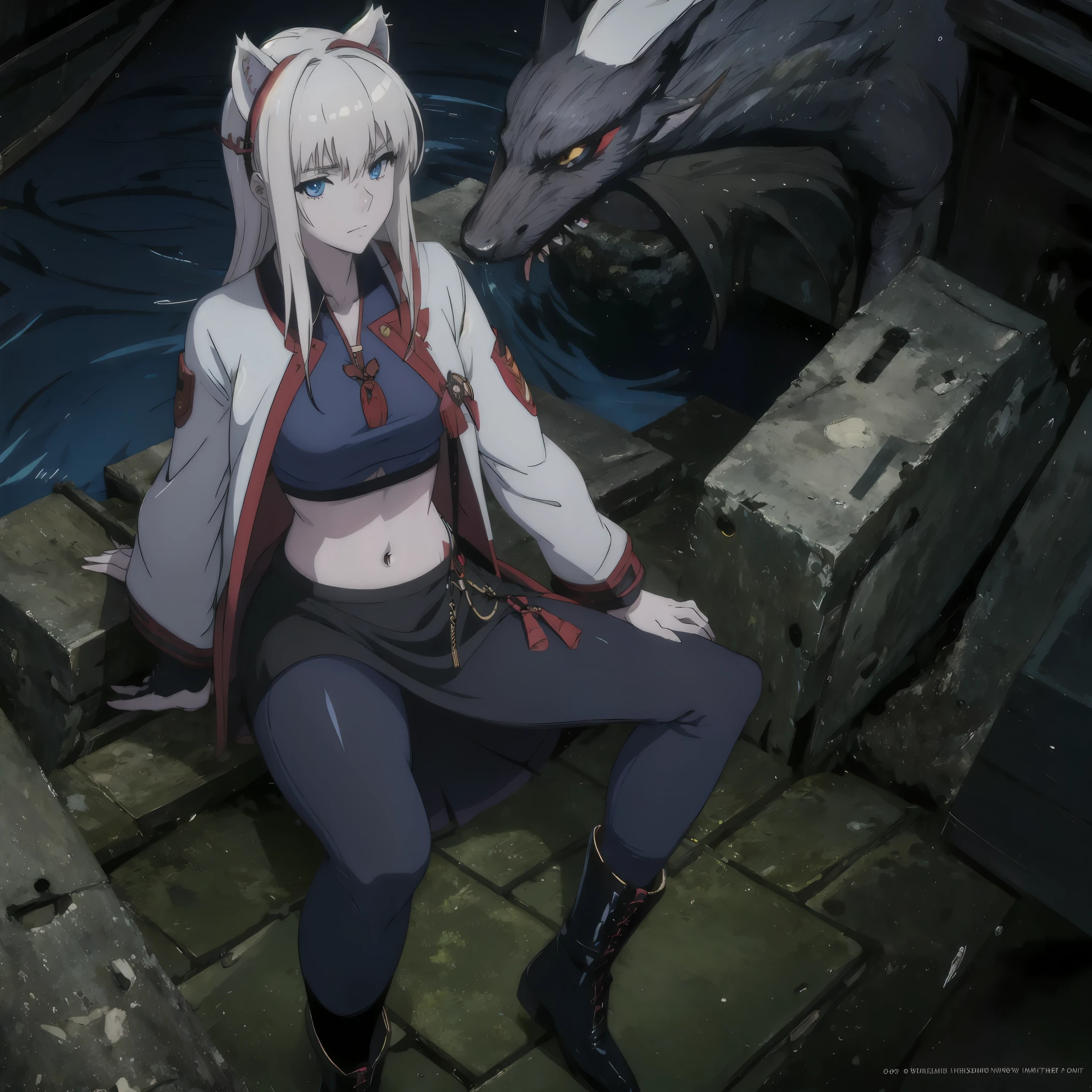 8k, resolution, high quality, high resolution, best quality, extremally detailed, best resolution, absurd resolution, ray tracing, high detailed, masterpiece, extremely detailed,shoulder length white hair, female,2 white wolf ears, teenage girl, slim body, white scale dragon tail,black boots,black leggings, navel blue school skirt, sailor shirt, white jacket, medium size chest, detailed blue eyes, detailed beautiful face,solo female,1 dragon tail, detailed eyes, tomboyish