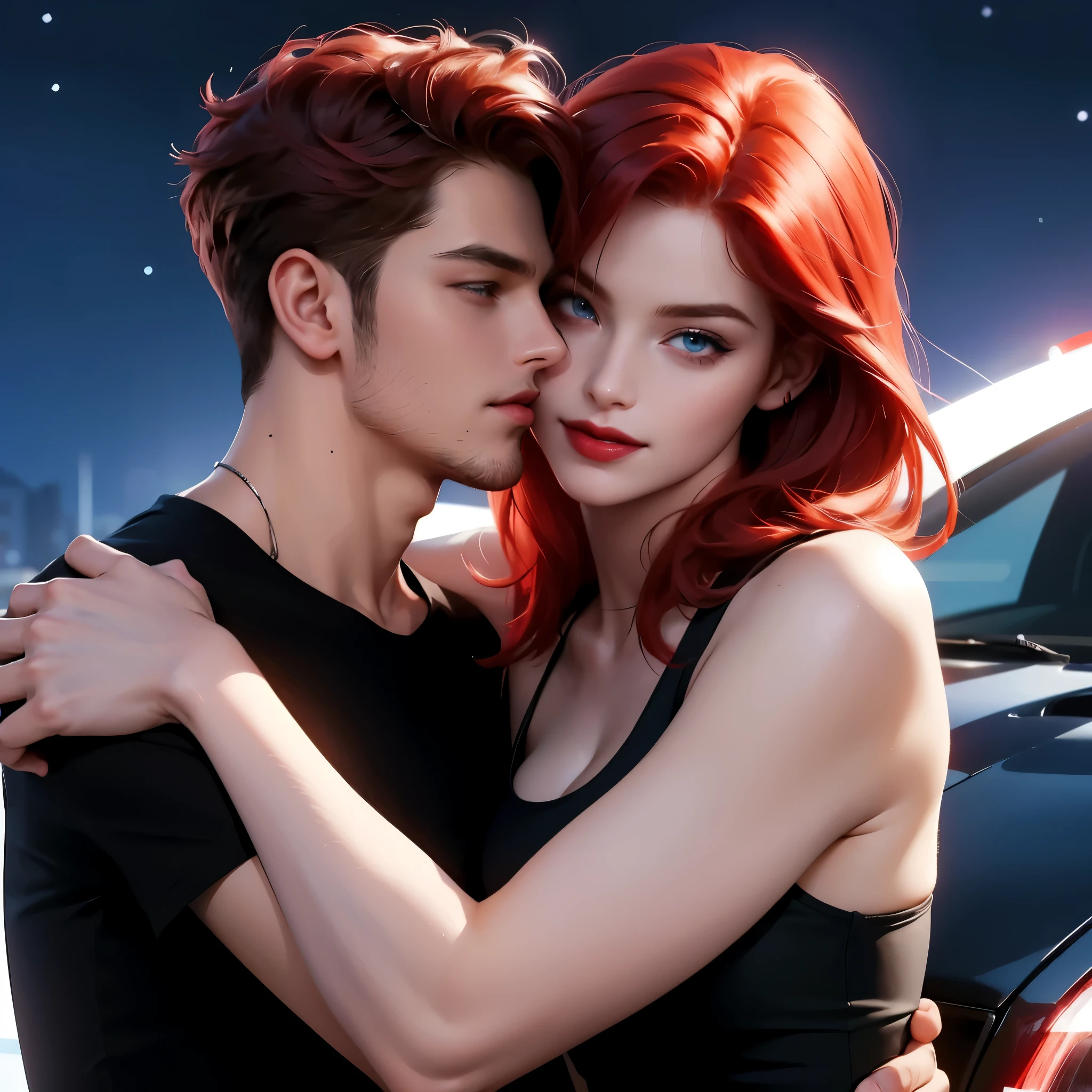 A man with red hair, blue eyes, wearing sunglasses, a shaved beard, and a black suit. Hug and kiss a woman with red hair, blue eyes, red lipstick, wearing a tank top and a night background with stars in the sky. Make your face perfect The details are clear. Up to 8K resolution, masterpiece, advanced art, smile.