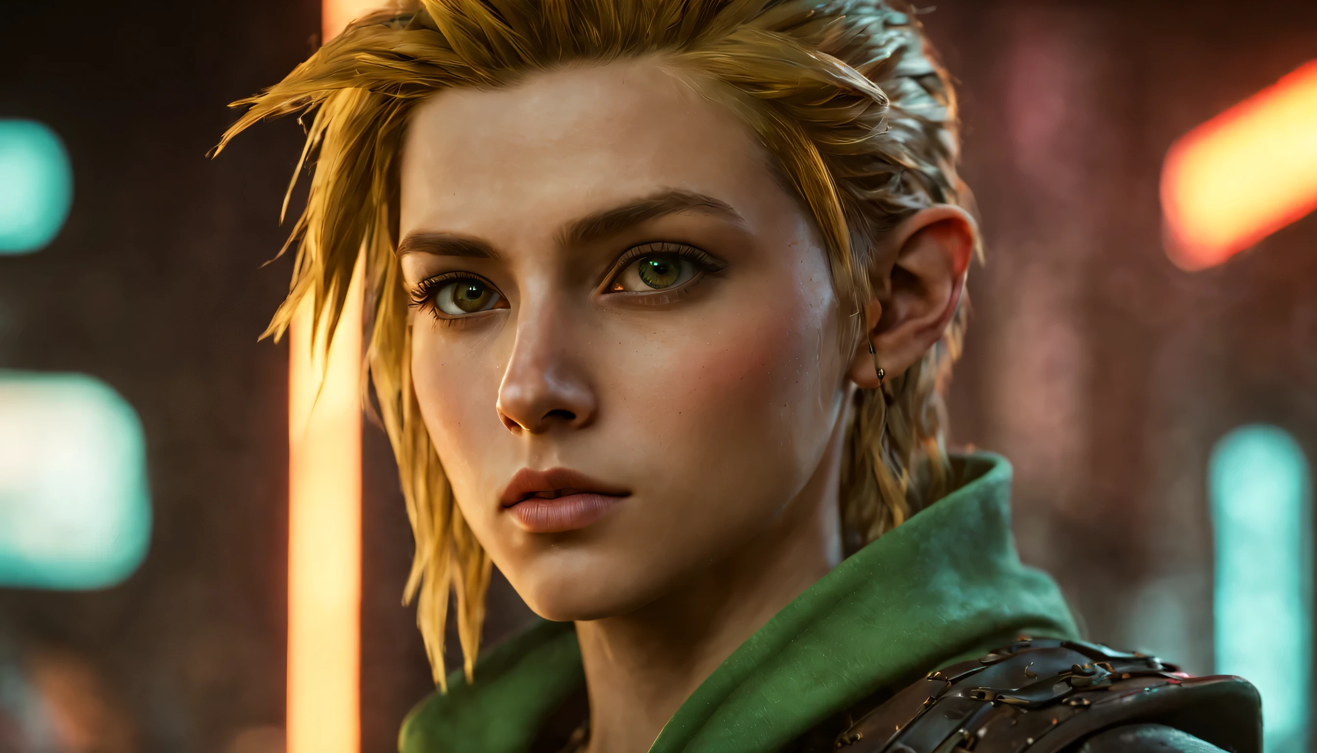 close-up portrait of a Link lookalike from the Legend of Zelda, arte conceitual detalhada do personagem, Inspirado por, realista, personagem de fantasia, motor irreal 5, estilo RPG, trends on artstation, Qualidade da CGSociedade, Fundo Bokeh, foco suave, lente 35mm, textura de couro complexa, roupa ciberpunk, olhar confiante, Estilo de arte, ((roupas magistralmente elaboradas, olhos expressivos, postura forte), fotografia profissional, Dynamic Posture, Texturas de alta fidelidade ), cores atraentes, volumetric neon lightning, vivid neon lights, cores vivas, fechar foto na altura dos olhos, High definition, efeitos de alta fidelidade, Octane rendering, arte nintendo, Captura de tela inspirada em Infamous First Light e Cyberpunk 2077, boca fechada, cinematic lighting, Photo at eye level, canon, Sony FE, Fujifilm, Nikon, Sony FE GM, profundidade de campo, cinematic lighting, reflection light, rastreamento de raio, moderno, Futurismo, super detalhe, detalhes altos, alta qualidade, premiado, melhor qualidade, high resolution, 1080P, High definition, 4k, 8k, 16k, Pele texturizada, anatomicamente correto, preciso, UHigh definition