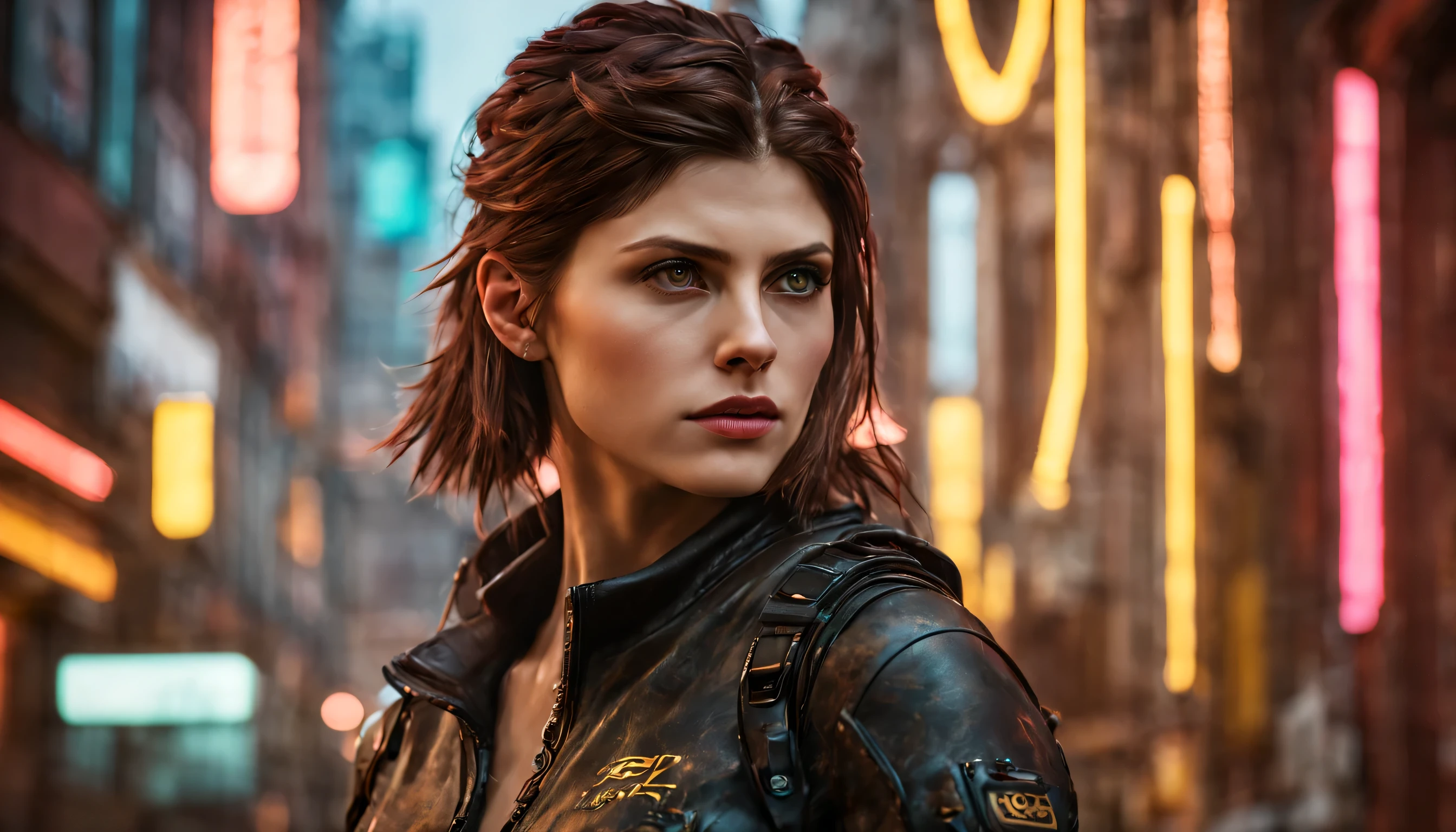 close-up portrait of an Alexandra Daddario lookalike, arte conceitual detalhada do personagem, Inspirado por, realista, personagem de fantasia, motor irreal 5, estilo RPG, trends on artstation, Qualidade da CGSociedade, Fundo Bokeh, foco suave, lente 35mm, textura de couro complexa, roupa ciberpunk, olhar confiante, Estilo de arte, ((roupas magistralmente elaboradas, olhos expressivos, postura forte), fotografia profissional, Dynamic Posture, Texturas de alta fidelidade ), cores atraentes, volumetric neon lightning, vivid neon lights, cores vivas, fechar foto na altura dos olhos, High definition, efeitos de alta fidelidade, Octane rendering, arte nintendo, Captura de tela inspirada em Infamous First Light e Cyberpunk 2077, boca fechada, cinematic lighting, Photo at eye level, canon, Sony FE, Fujifilm, Nikon, Sony FE GM, profundidade de campo, cinematic lighting, reflection light, rastreamento de raio, moderno, Futurismo, super detalhe, detalhes altos, alta qualidade, premiado, melhor qualidade, high resolution, 1080P, High definition, 4k, 8k, 16k, Pele texturizada, anatomicamente correto, preciso, UHigh definition