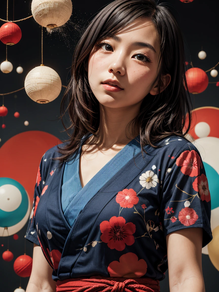 an abstract of a japanese girl centered around large polka dot theme
