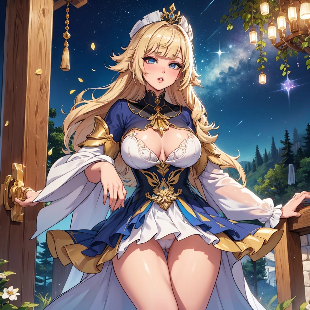 finest image, portrait, beautiful cute woman, amorous expression, lewd expression, ecstasy, orgasm, blonde braided bangs iridescent long hair, gold sparkling big eyes, red alluring moist big thick lips, medium breasts, slender, perfect proportion, long thin legs, navy blue and white girly ruffle dress, skirt lift, white panty, white knee high socks, thighs, background fantasy, a hill with a large tree full of fresh greenery, that emits fantastic light, light particles, light sparkles, petals, scatter gold and silver glitter and confetti, iridescent light particles, detailed and delicate depiction, professional lighting, (( La signora from genshin impact))