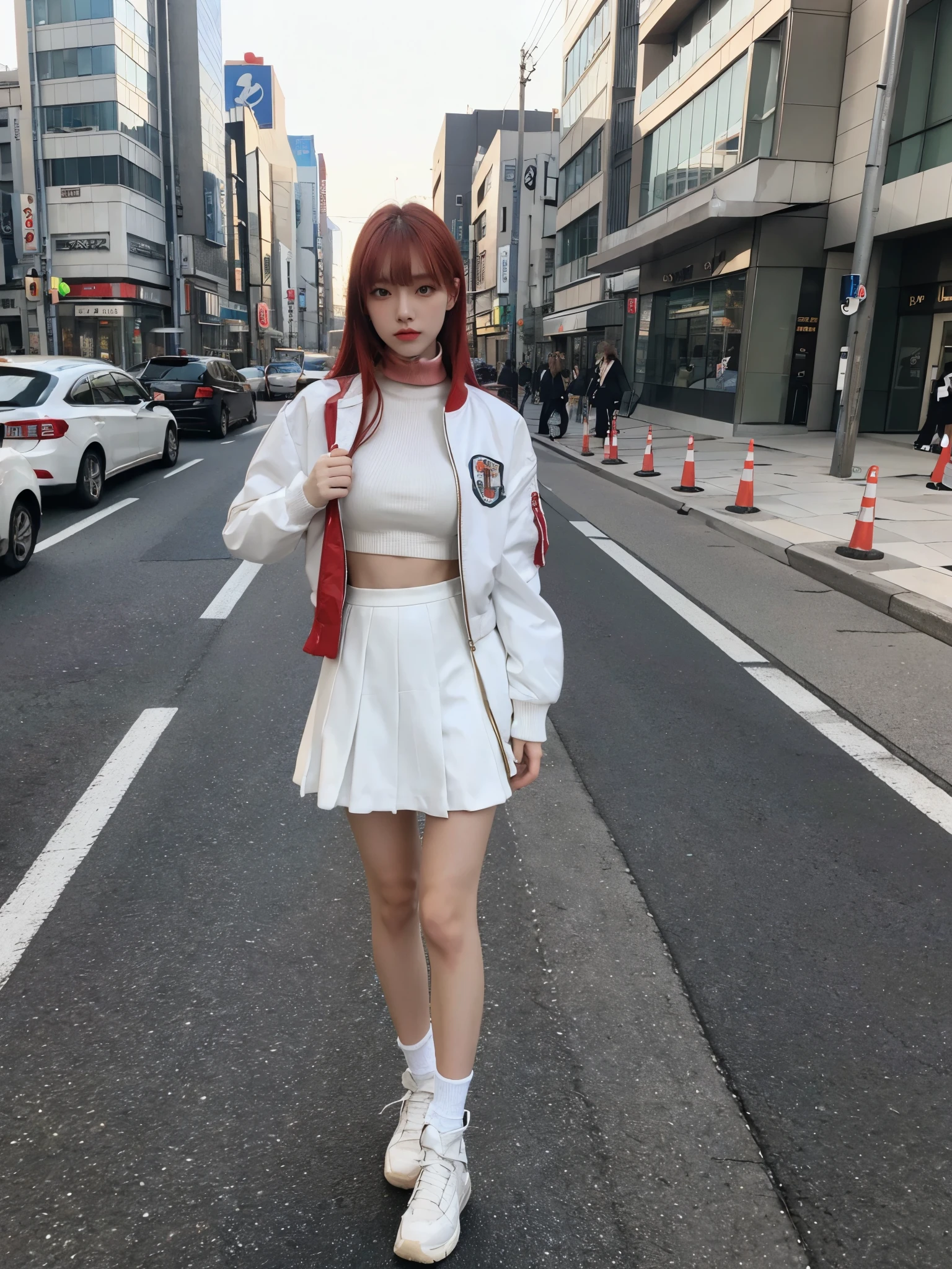 tall model, full body,// Bewitching eyes, well-balanced eyes, //street snap //wearing white bomber jacket and turtleneck and long skirt //breast focus, ((facing viewer)), //at the street in tokyo, //japanese lady, pale skin, red hair//droopy eyes,//gold hair, blunt bangs,//((standing)), high quality:1.3, Professional lighting:2.0 realistic:1.2, 4k resolution, detailed skin, masterpiece:1.1