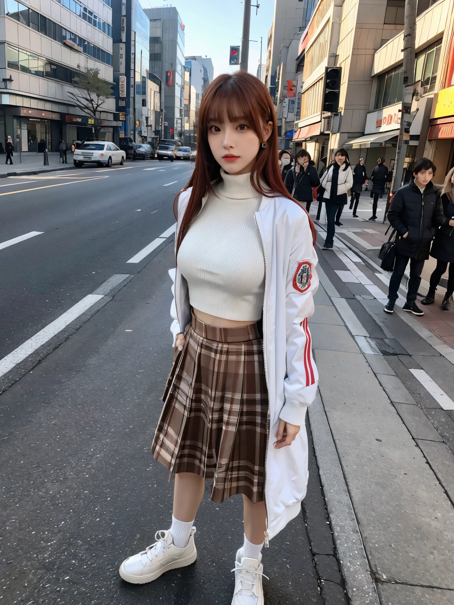 tall model, full body,// Bewitching eyes, well-balanced eyes, //street snap //wearing white bomber jacket and turtleneck and long skirt //breast focus, ((facing viewer)), //at the street in tokyo, //japanese lady, pale skin, red hair//droopy eyes,//gold hair, blunt bangs,//((standing)), high quality:1.3, Professional lighting:2.0 realistic:1.2, 4k resolution, detailed skin, masterpiece:1.1