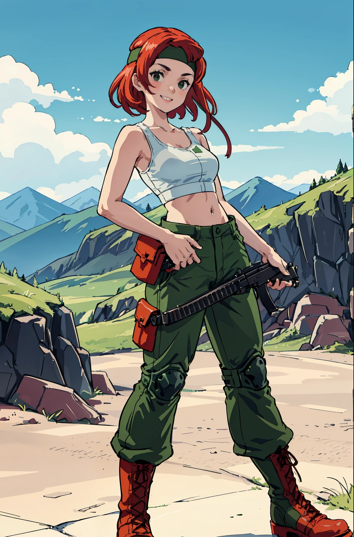 masterpiece, best quality, sami, green headband, white tank top, midriff, green pants, pouch, combat boots, holding an assault rifle with both hands, looking at viewer, smile, rock formations, mountains 