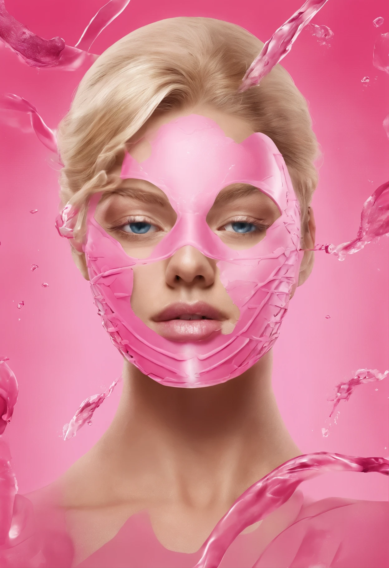 A scene of a blonde woman applying a face mask is shown,The female stands aside,Hold the mask with both hands,The background is a pink splash。